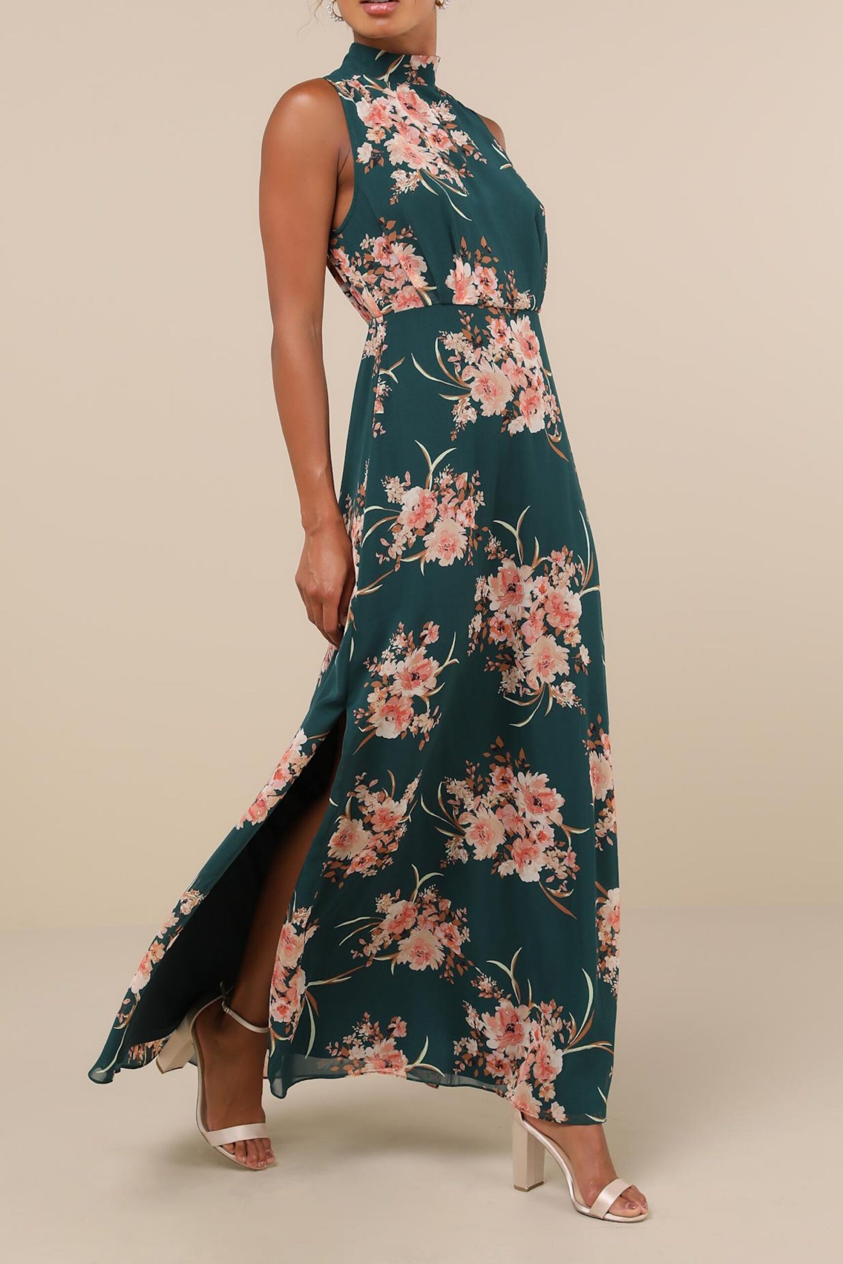 EMERALD FLORAL MOCK NECK MAXI DRESS FOR WEDDING GUEST