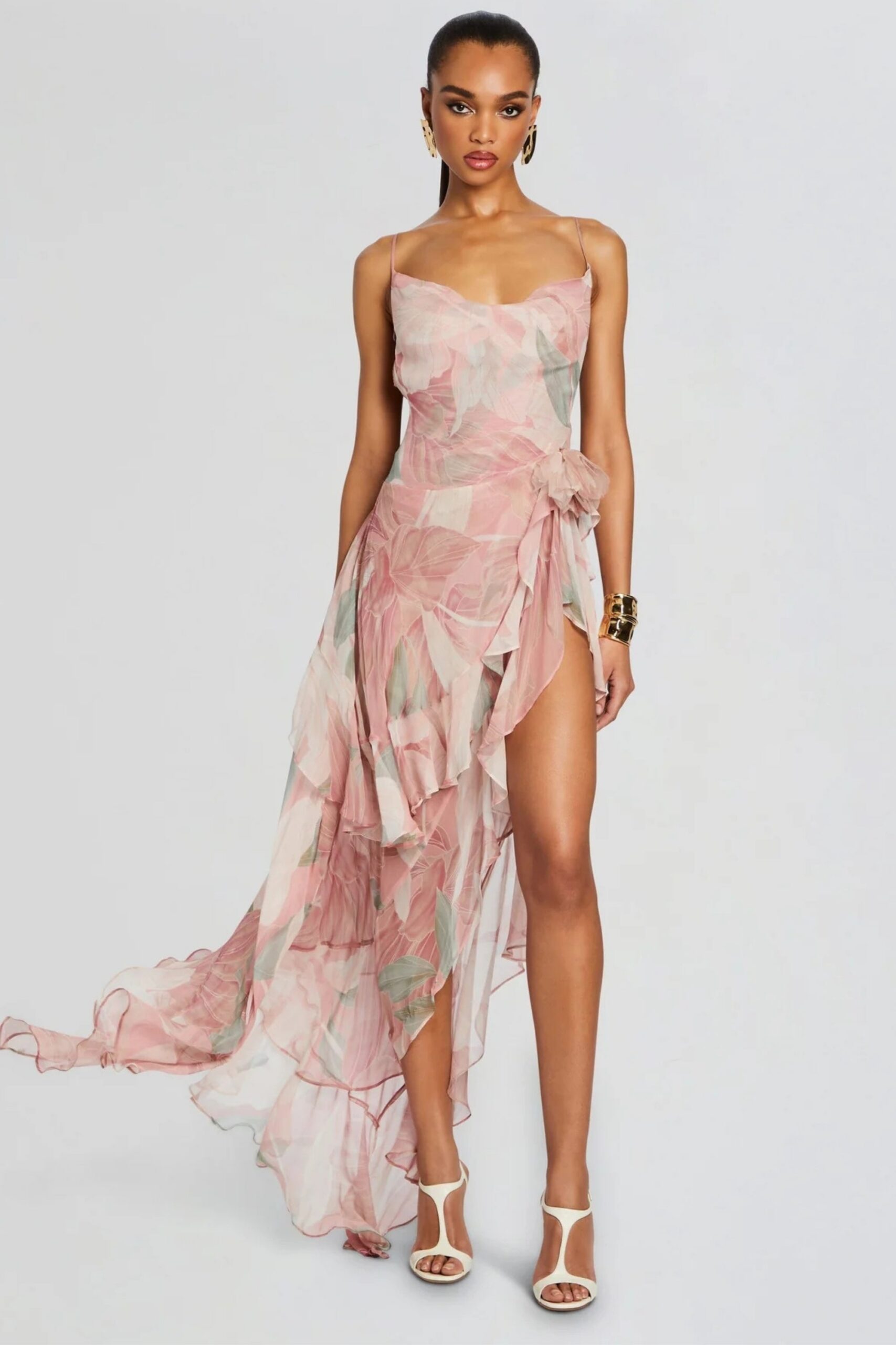 RUFFLE FLORAL BACKLESS MAXI DRESS, PINK