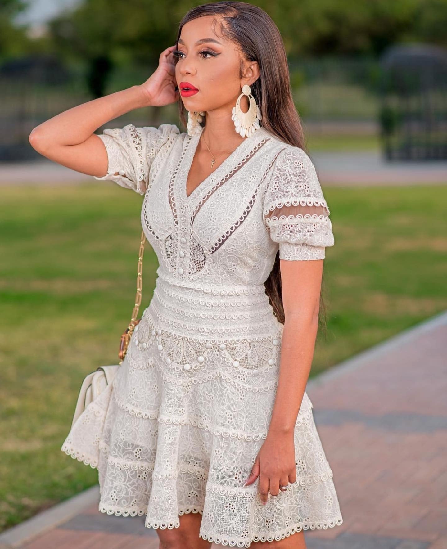EMBROIDERED V-NECK MINI DRESS BEIGE