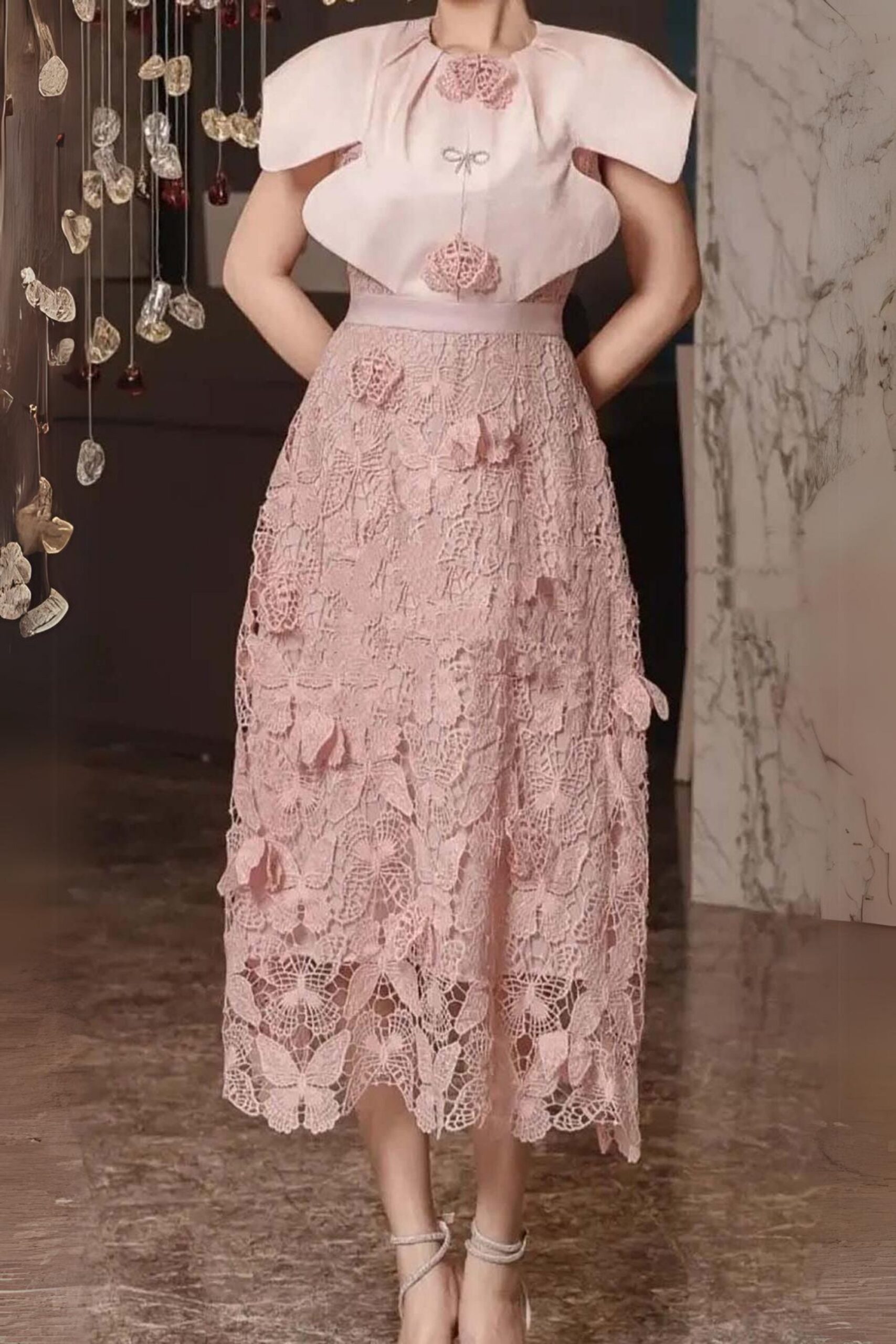 BUTTERFLY CLOAK SLEEVE MIDI DRESS, PINK EMBROIDERY