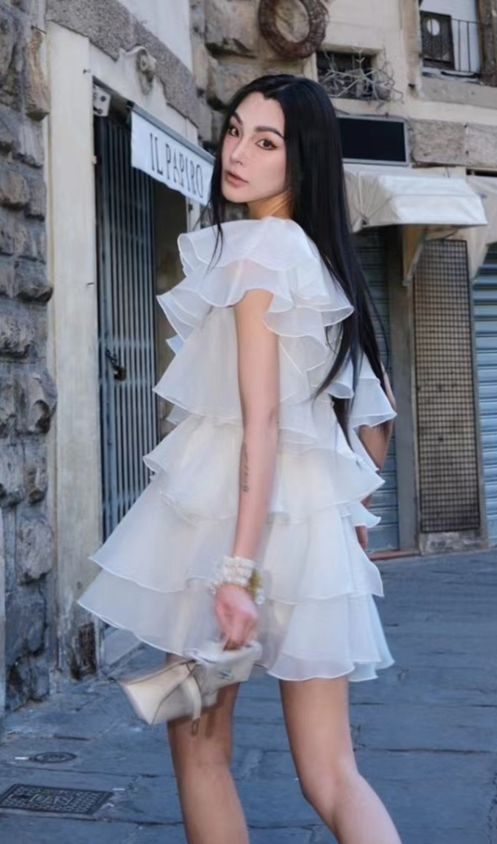 CAP SLEEVE ONE-SHOULDER TIERED MINI DRESS