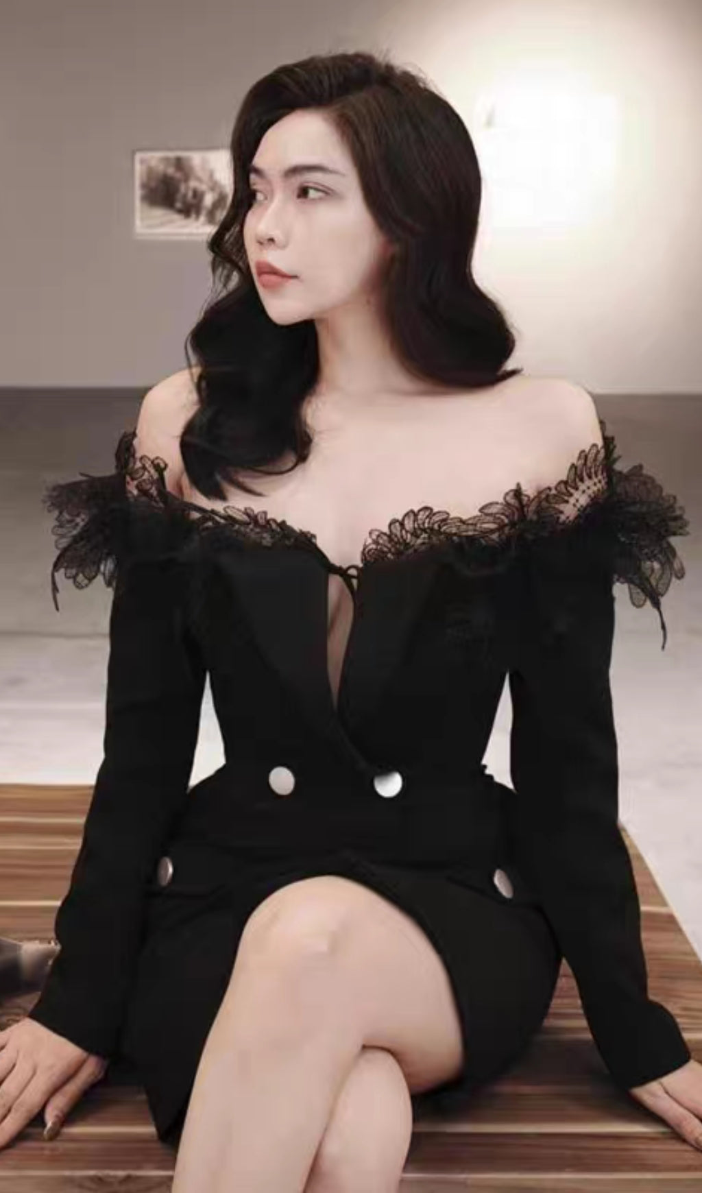 3D EMBROIDERED OFF-SHOULDER MINI DRESS, BLACK