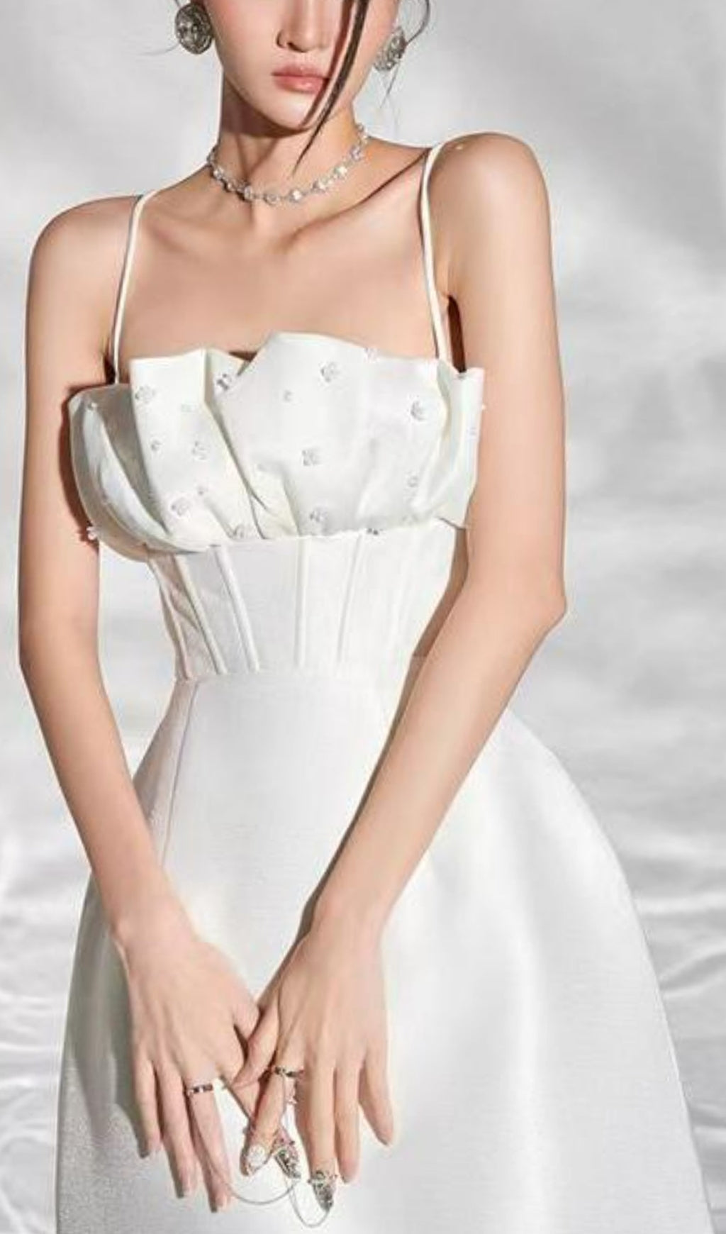 STRAPPY PLEATED WRAP MIDI DRESS WHITE