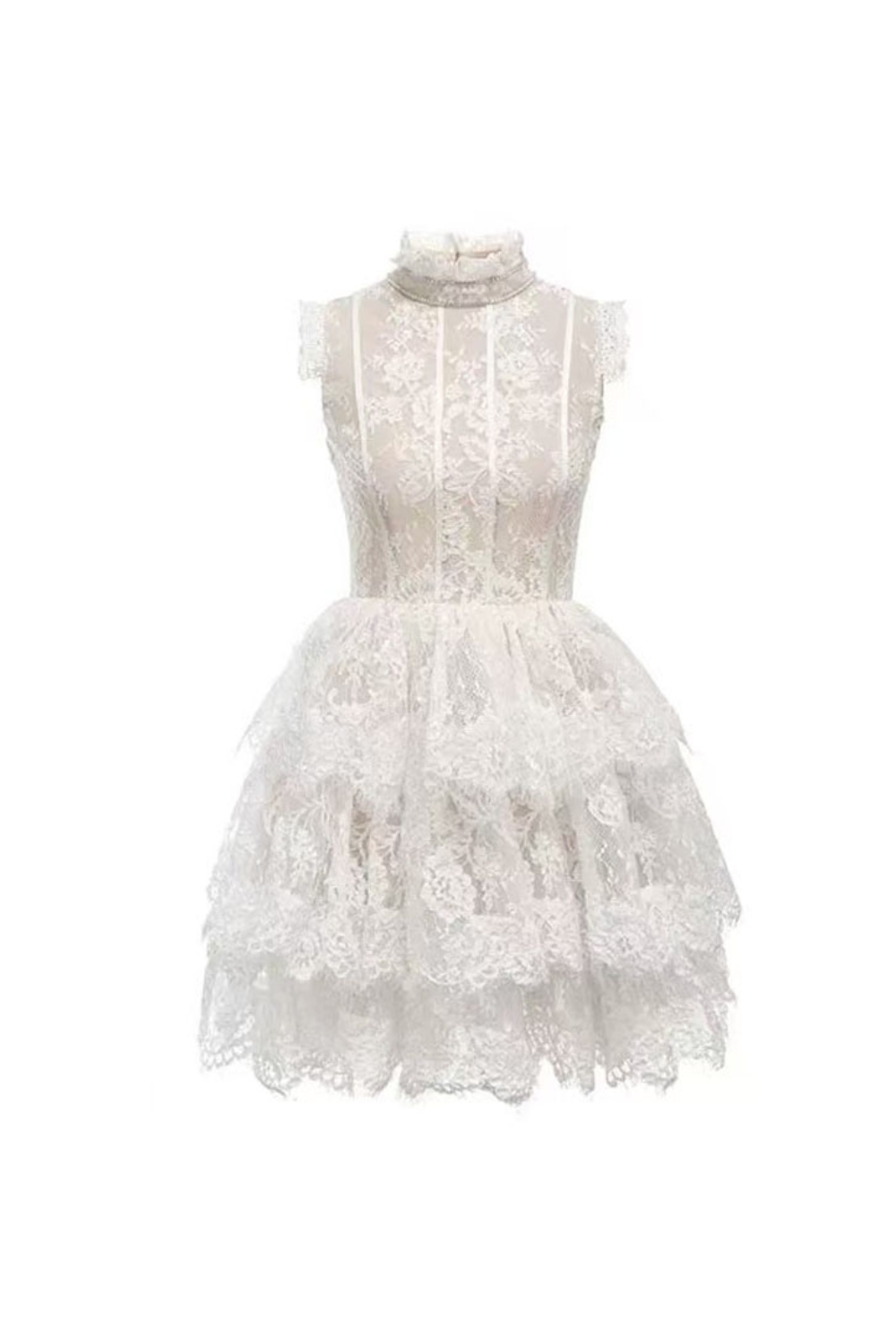 SLEEVELESS STAND COLLAR LACE TUTU MINI DRESS WHITE