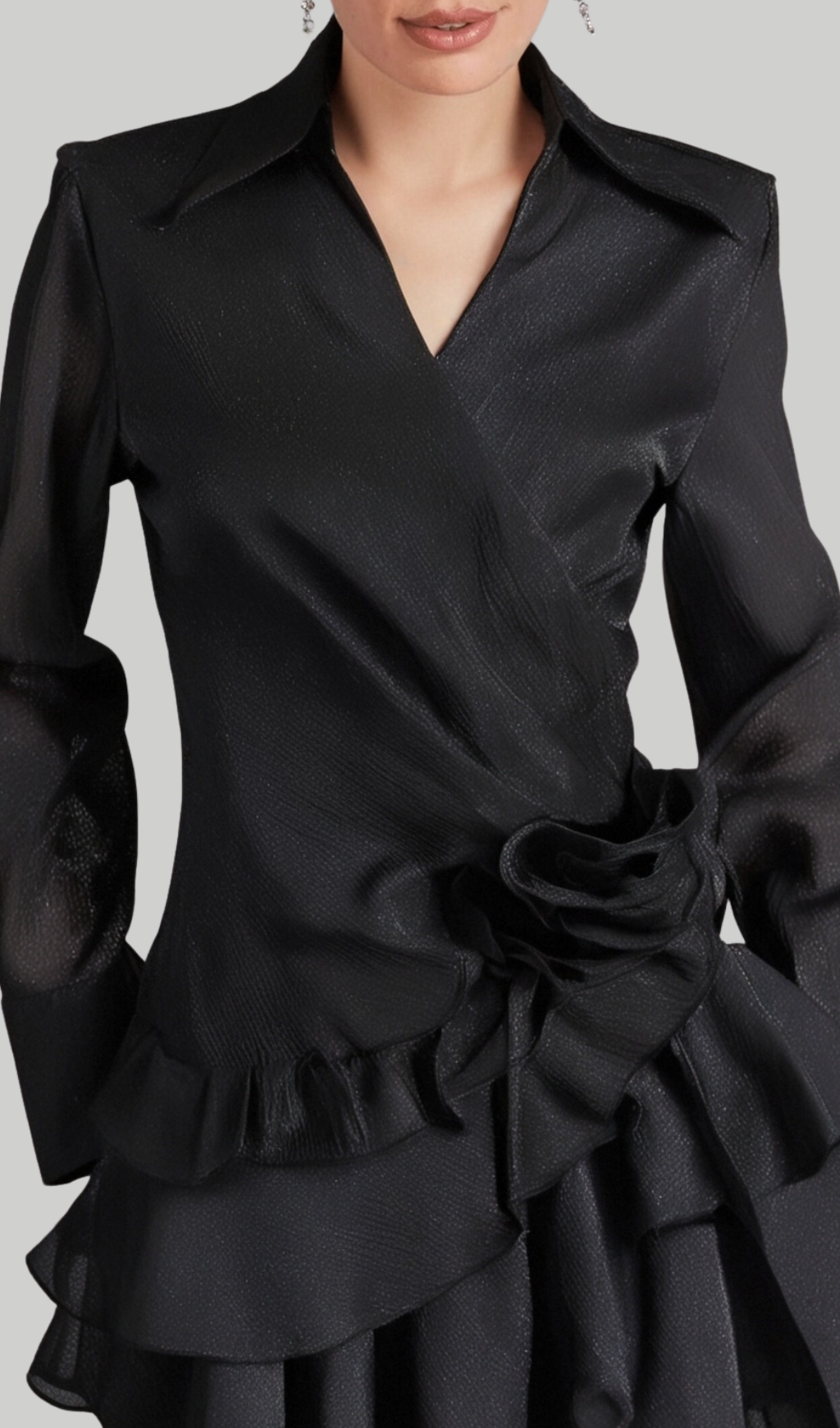 FLOWER RUFFLE RIBBON MINI DRESS, BLACK, PARTY