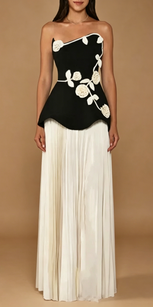 STRAPLESS 3D ROSE PEPLUM MAXI DRESS FOR WEDDINGS