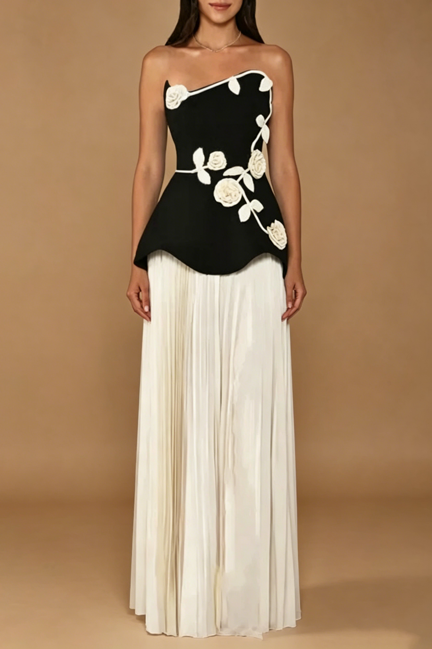 STRAPLESS 3D ROSE PEPLUM MAXI DRESS FOR WEDDINGS