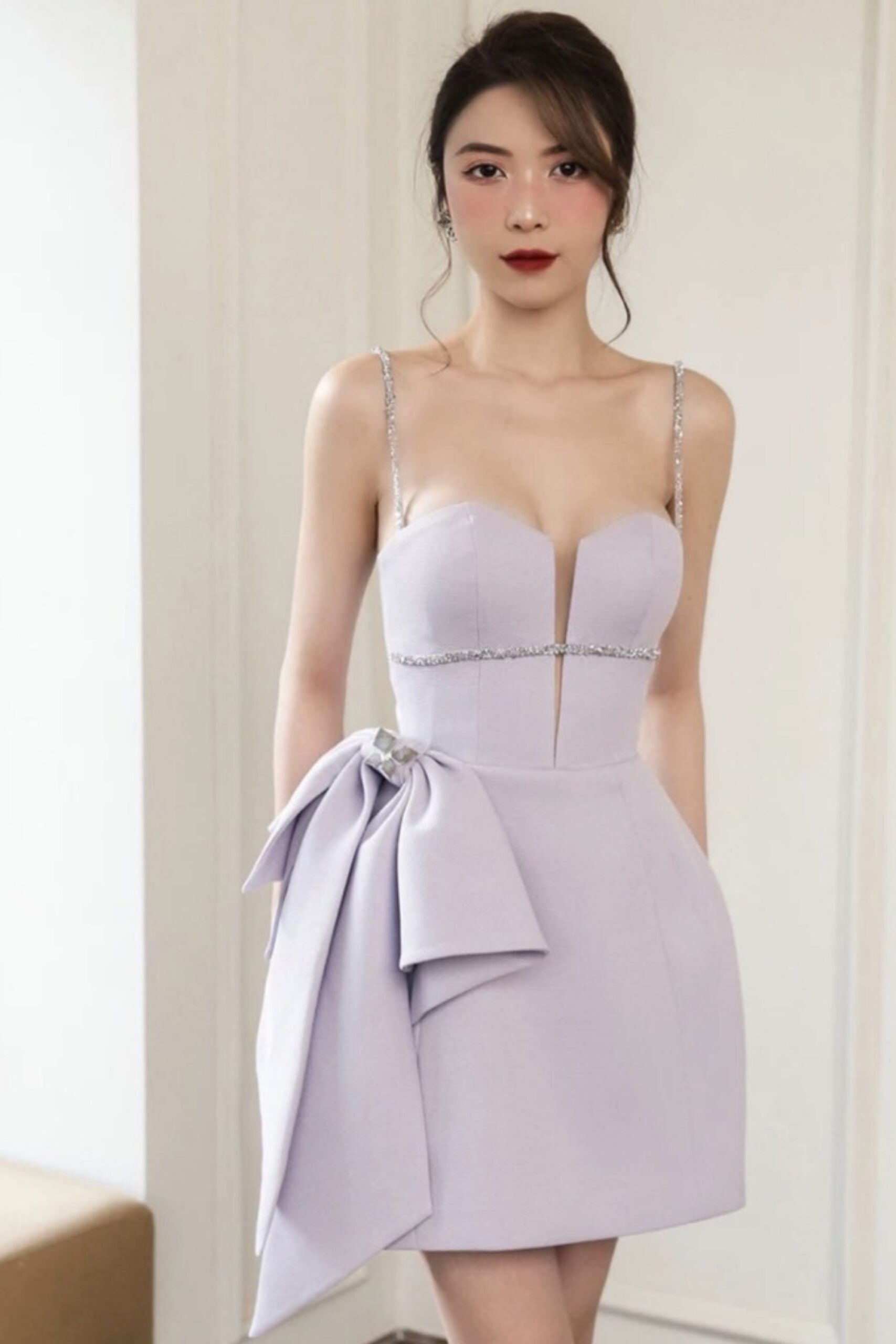 PURPLE BOW STRAP MINI DRESS FOR PARTY