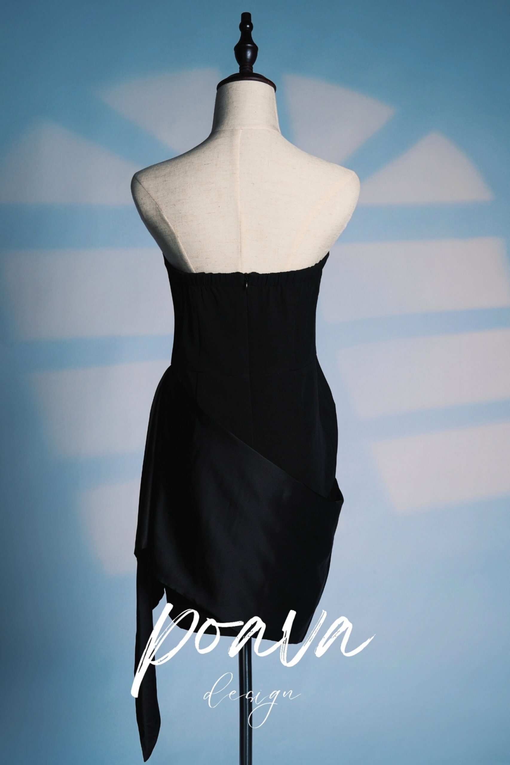 BLACK SATIN BANDEAU MINI DRESS, DRAPE SKIRT, COCKTAIL