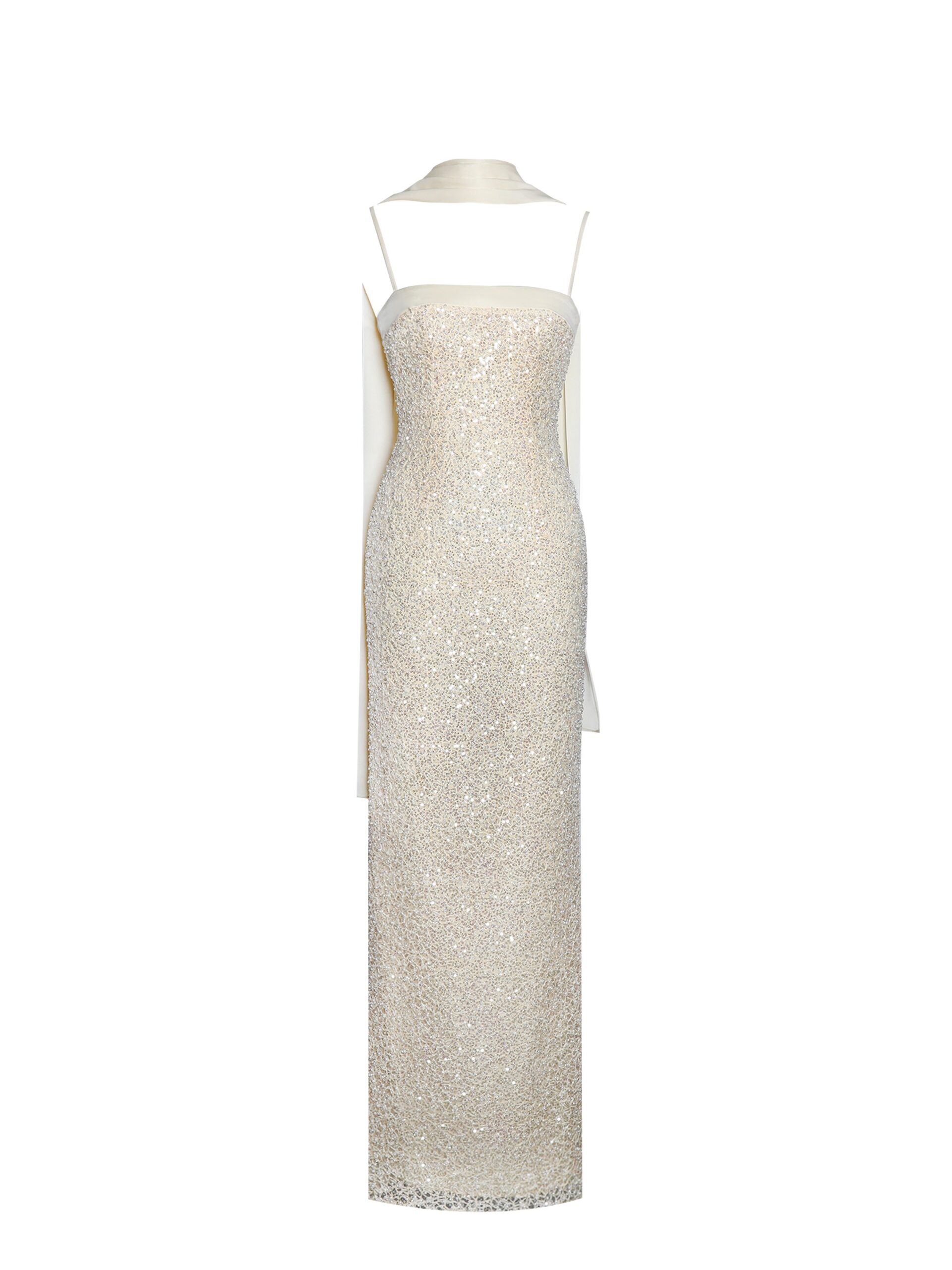 GOLD BEADED SEQUIN BODYCON GOWN WITH SCARF
