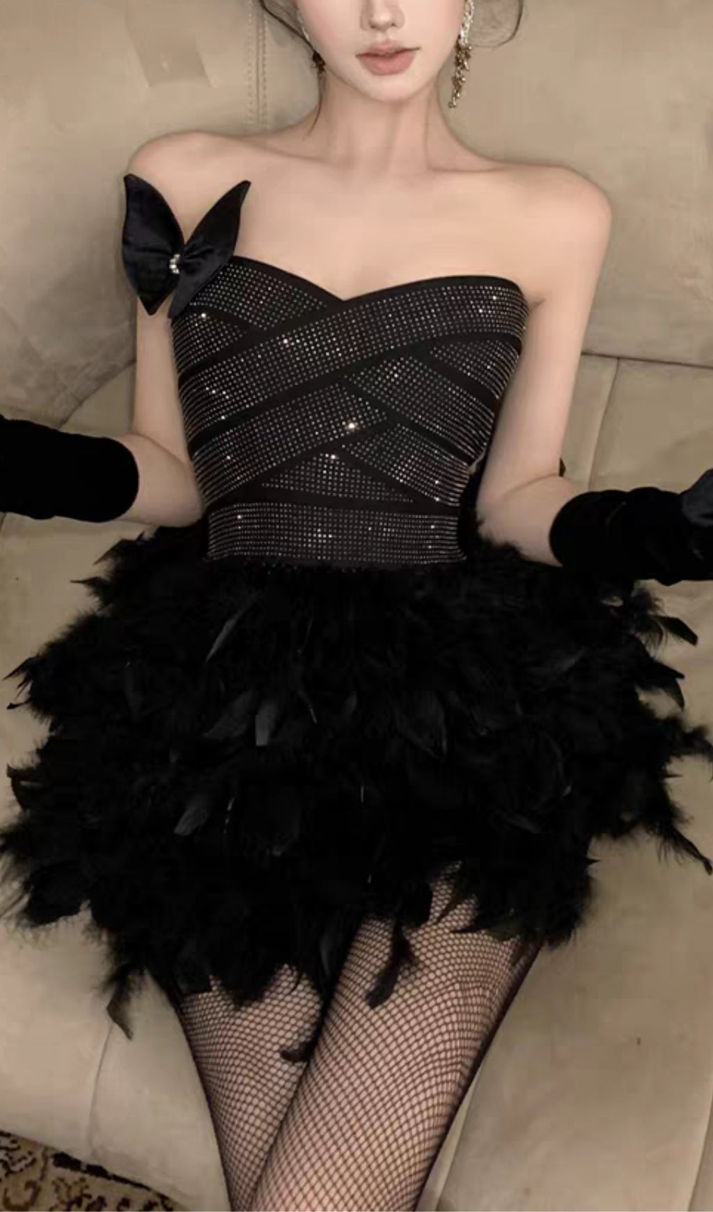 RHINESTONE FEATHER STRAPLESS MINI BLACK PARTY DRESS