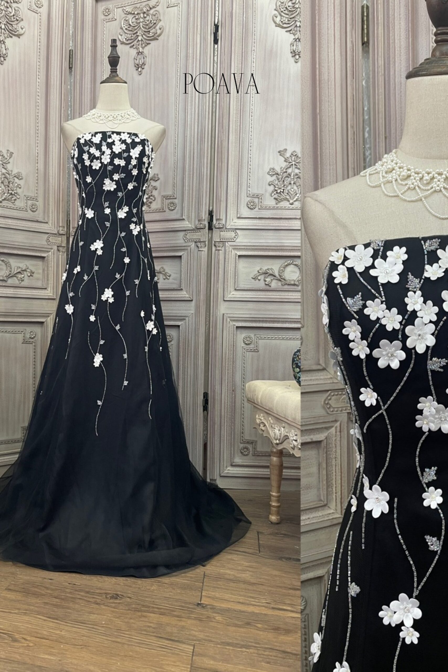 FLORAL MESH STRAPLESS BLACK MAXI DRESS