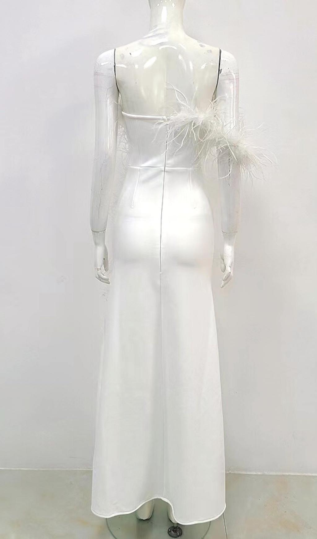 FEATHER STRAPLESS WHITE MAXI DRESS, WEDDING GUEST