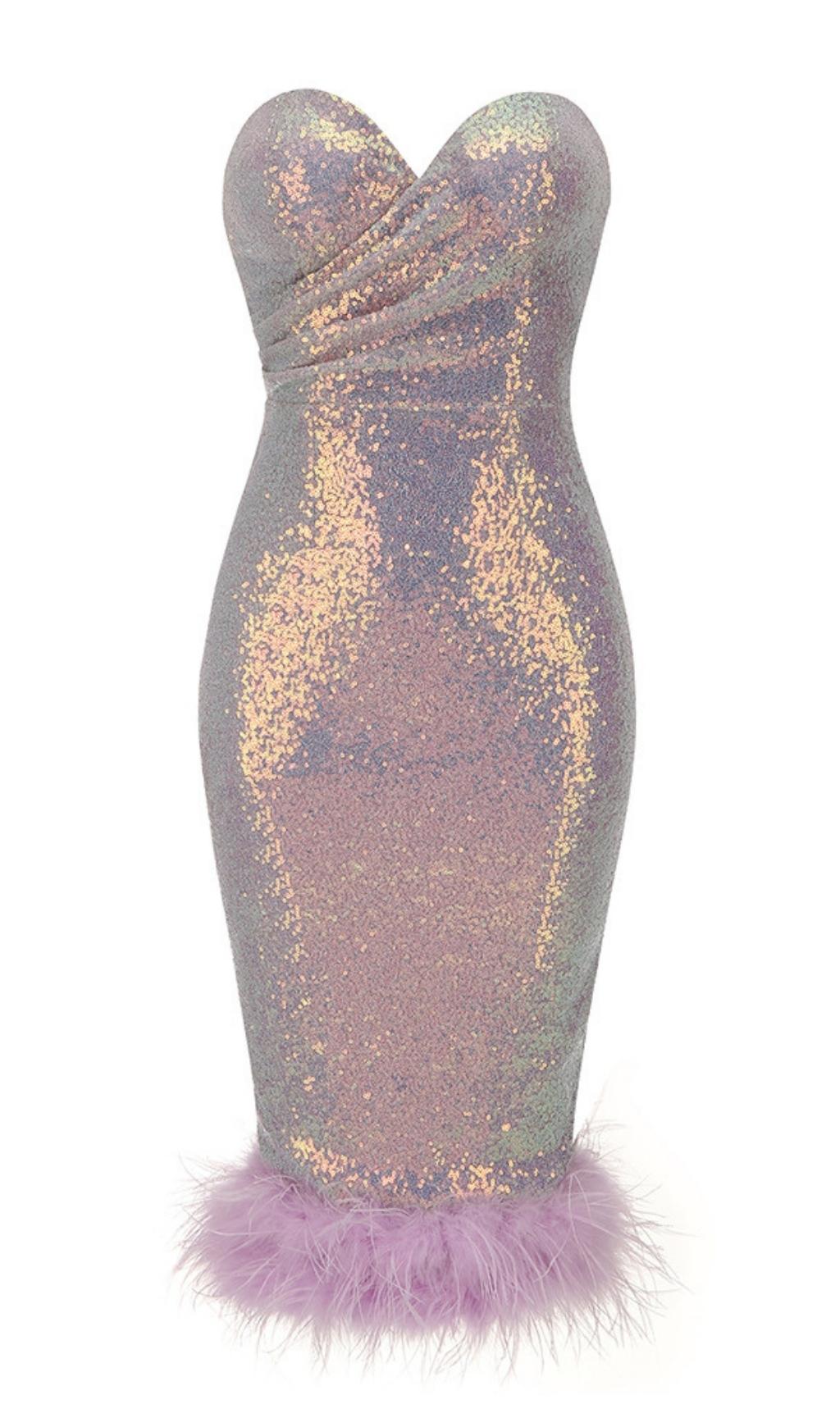 FEATHER SEQUIN PURPLE MIDI DRESS FOR PARTY