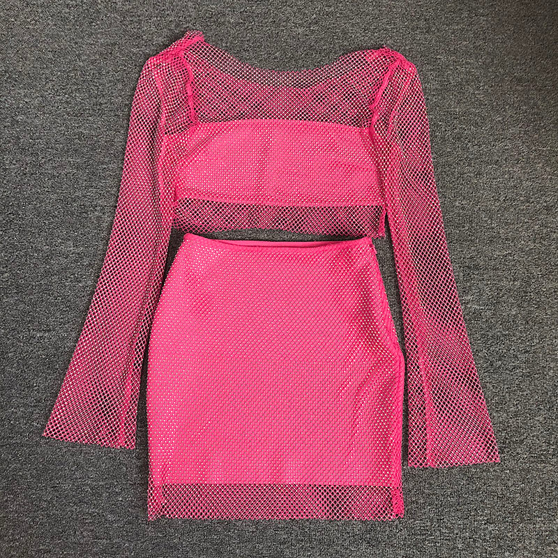 LONG SLEEVE MESH BLOUSE SKIRT SUIT FOR PARTY