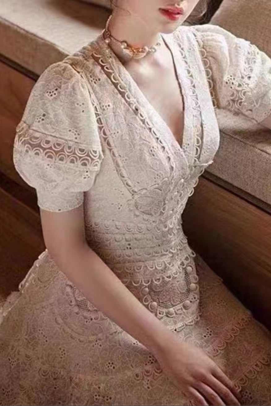 EMBROIDERED V-NECK MINI DRESS BEIGE