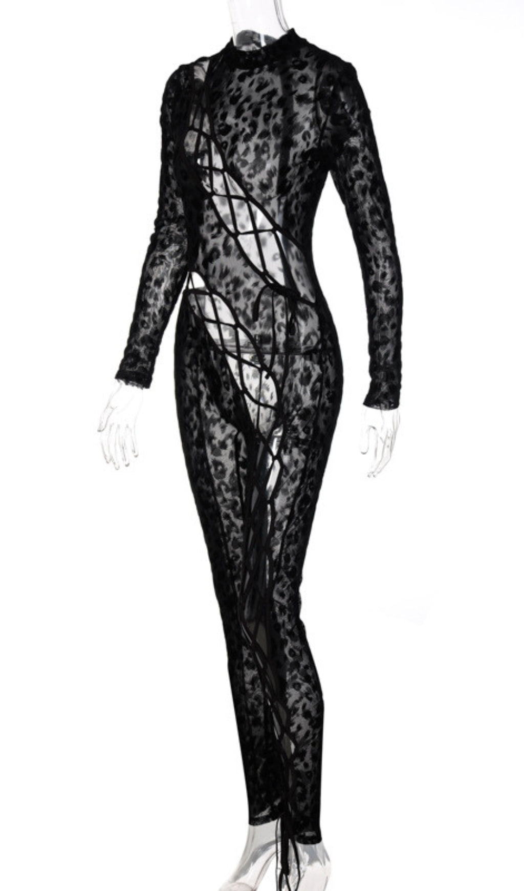 LEOPARD PRINT MESH LACE UP JUMPSUIT