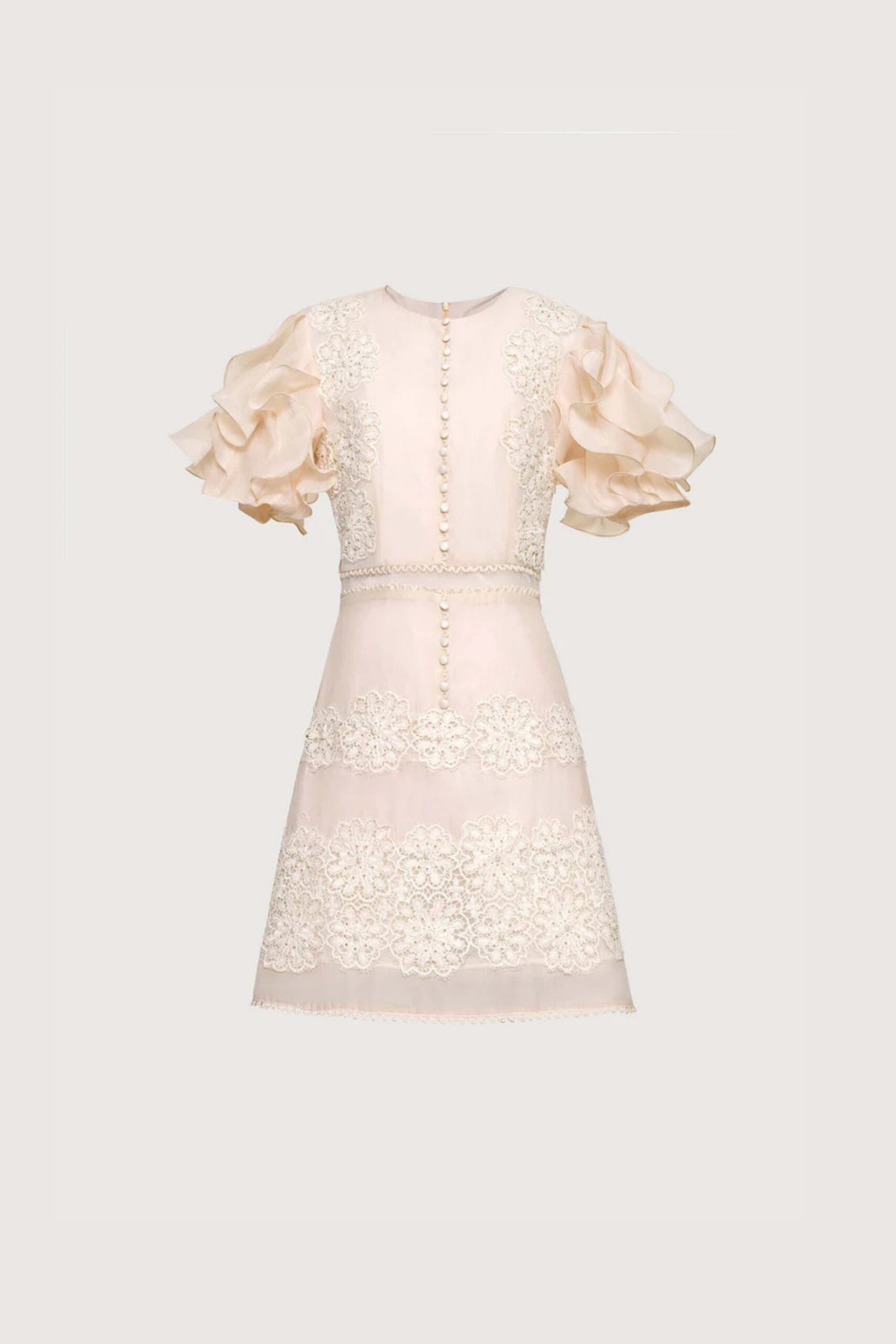 BEIGE RUFFLE BUTTON MIDI DRESS FOR WORK