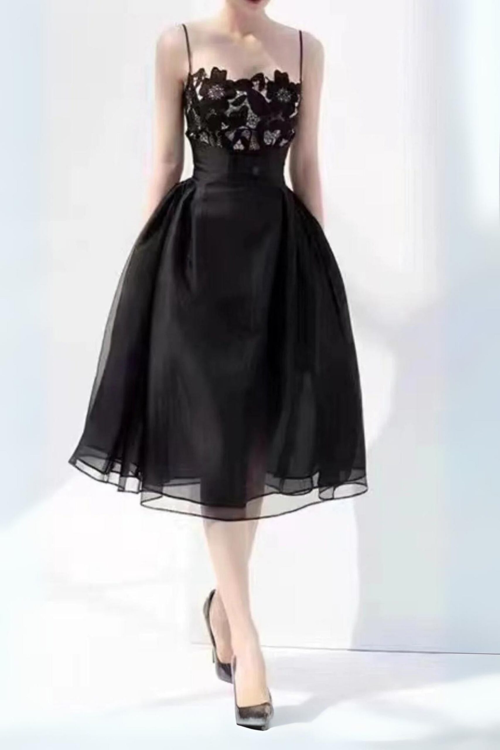 BLACK LACE MIDI DRESS WITH CAMISOLE BODICE