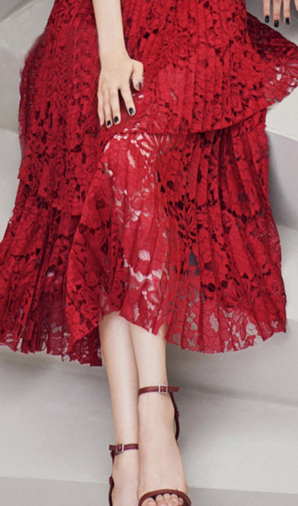 HOLLOW LACE SUSPENDER MIDI DRESS, RED, PARTY