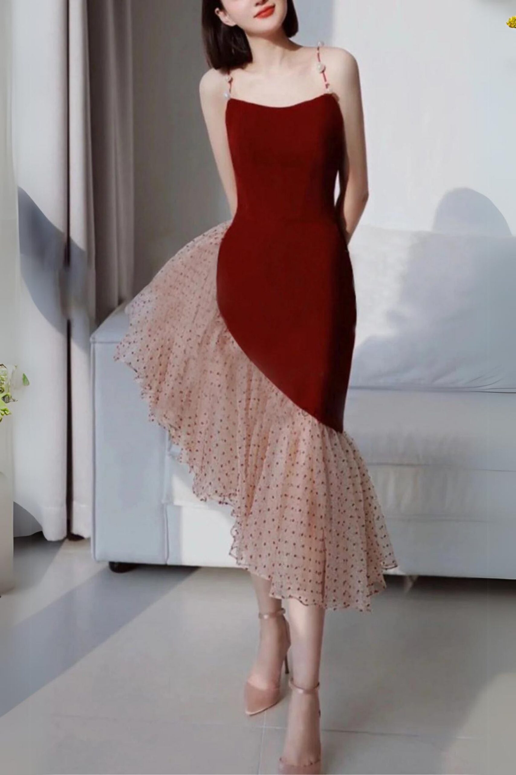 6_94cf98e6-f6c1-467d-ab8a-c1ac41c5e438 BURGUNDY SUSPENDER MIDI DRESS FOR WEDDING GUEST
