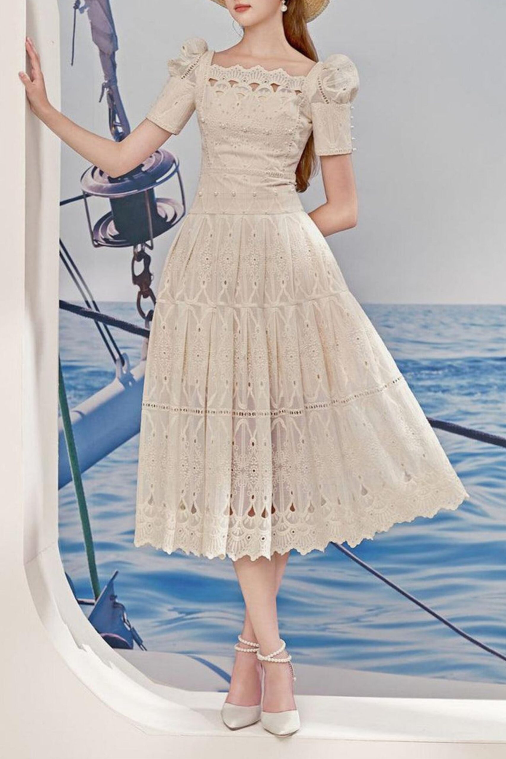 A-LINE LACE MIDI DRESS, LEG OF MUTTON SLEEVES, WEDDING GUEST