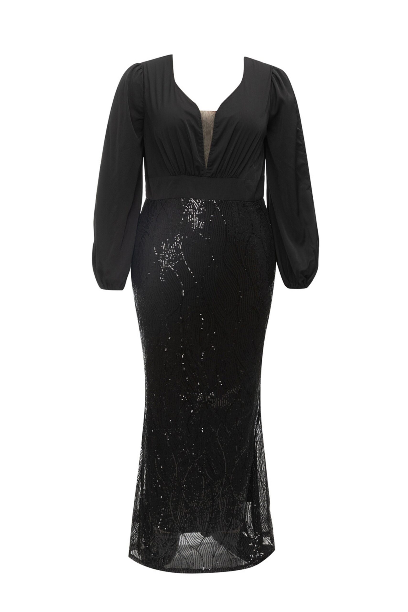 LONG SLEEVE SEQUIN HIGH SPLIT MIDI DRESS