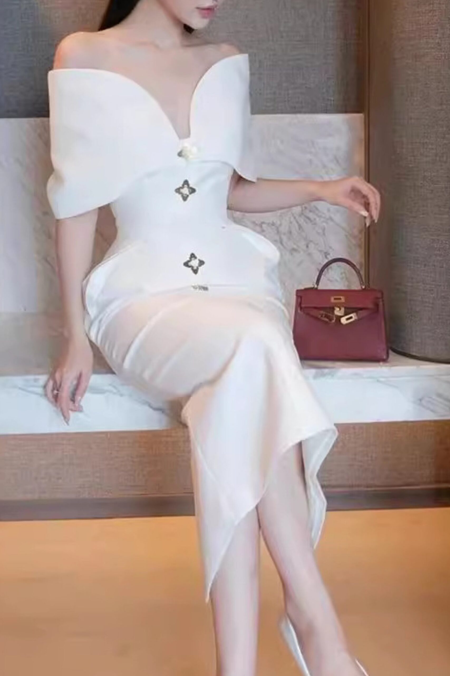OFF SHOULDER WHITE MIDI DRESS FOR WEDDING