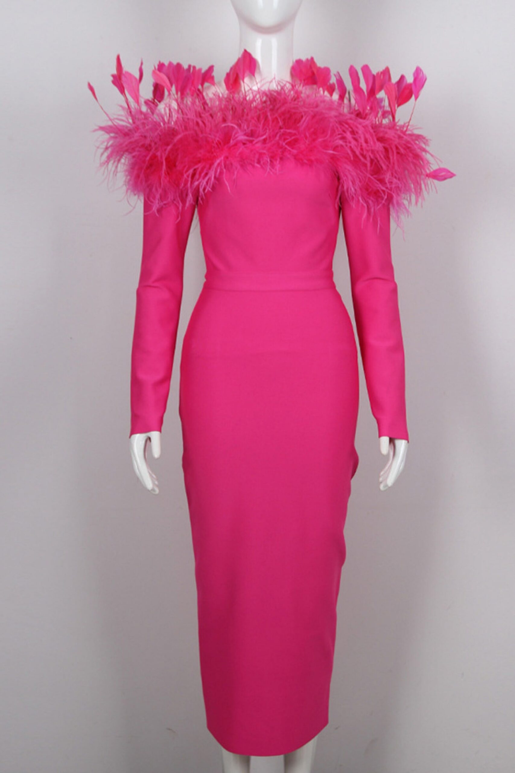 FEATHER BACKLESS MIDI DRESS PINK PARTY