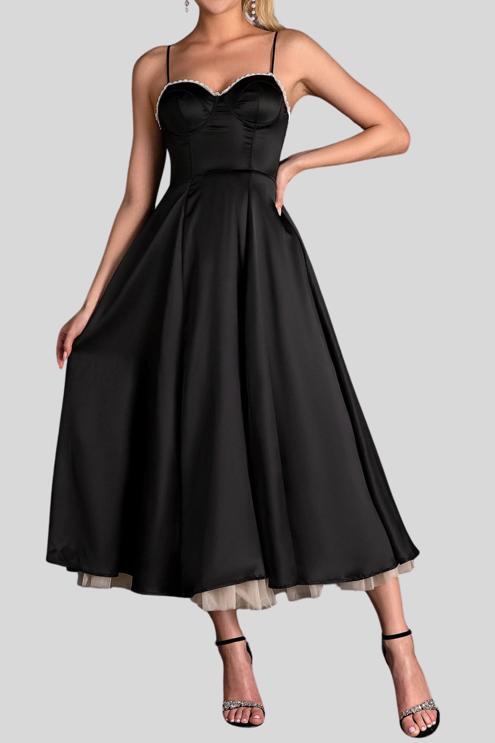 BLACK TULLE MIDI DRESS FOR EVENING PARTY