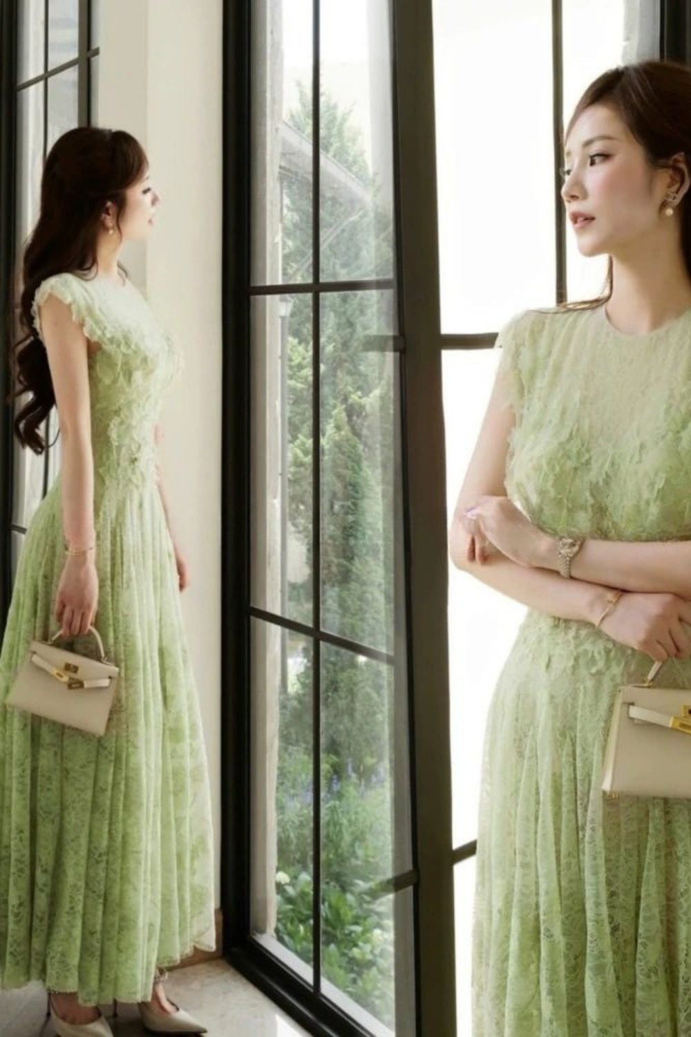 JENNIFER GREEN LACE FLOWER MAXI DRESS