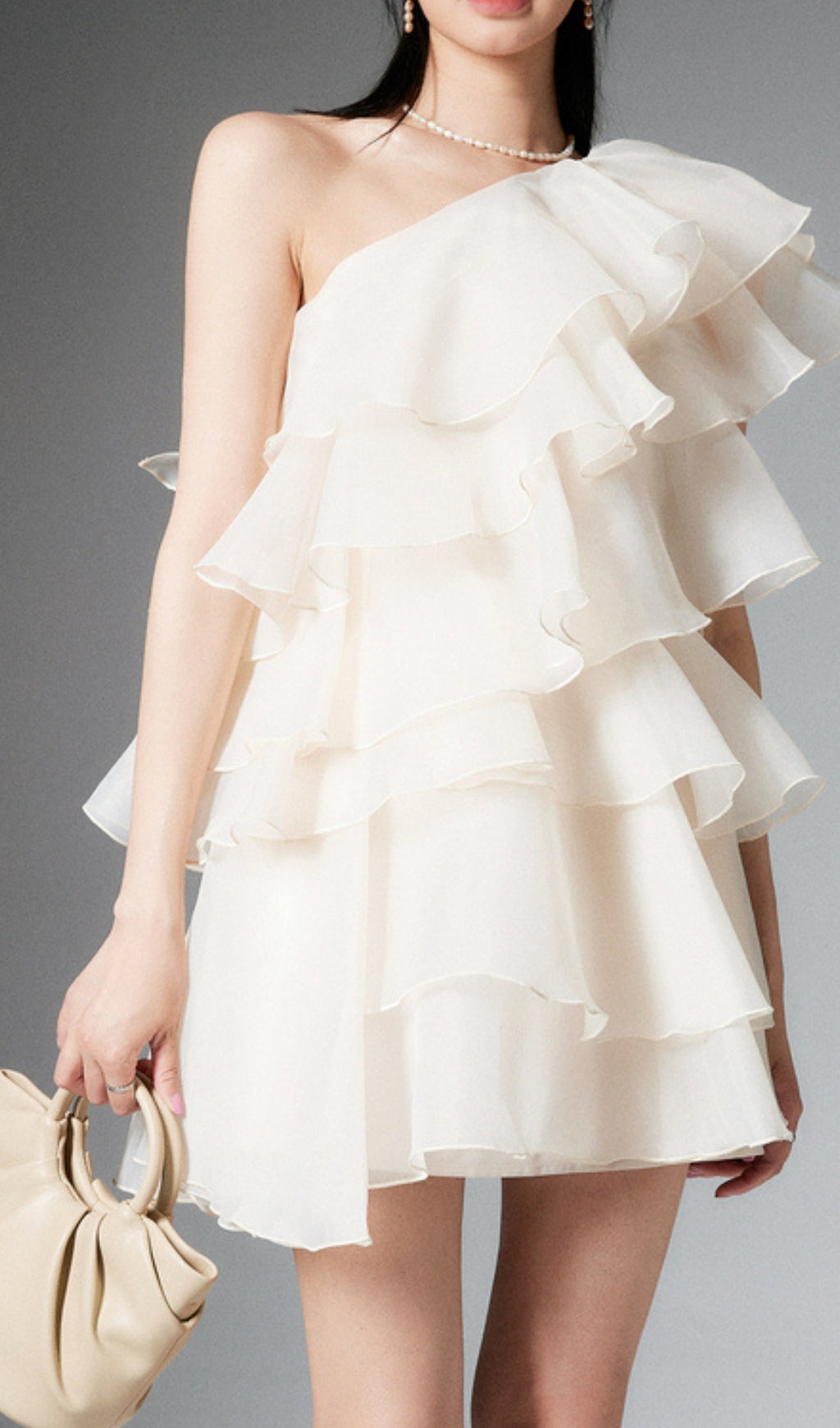 CAP SLEEVE ONE-SHOULDER TIERED MINI DRESS