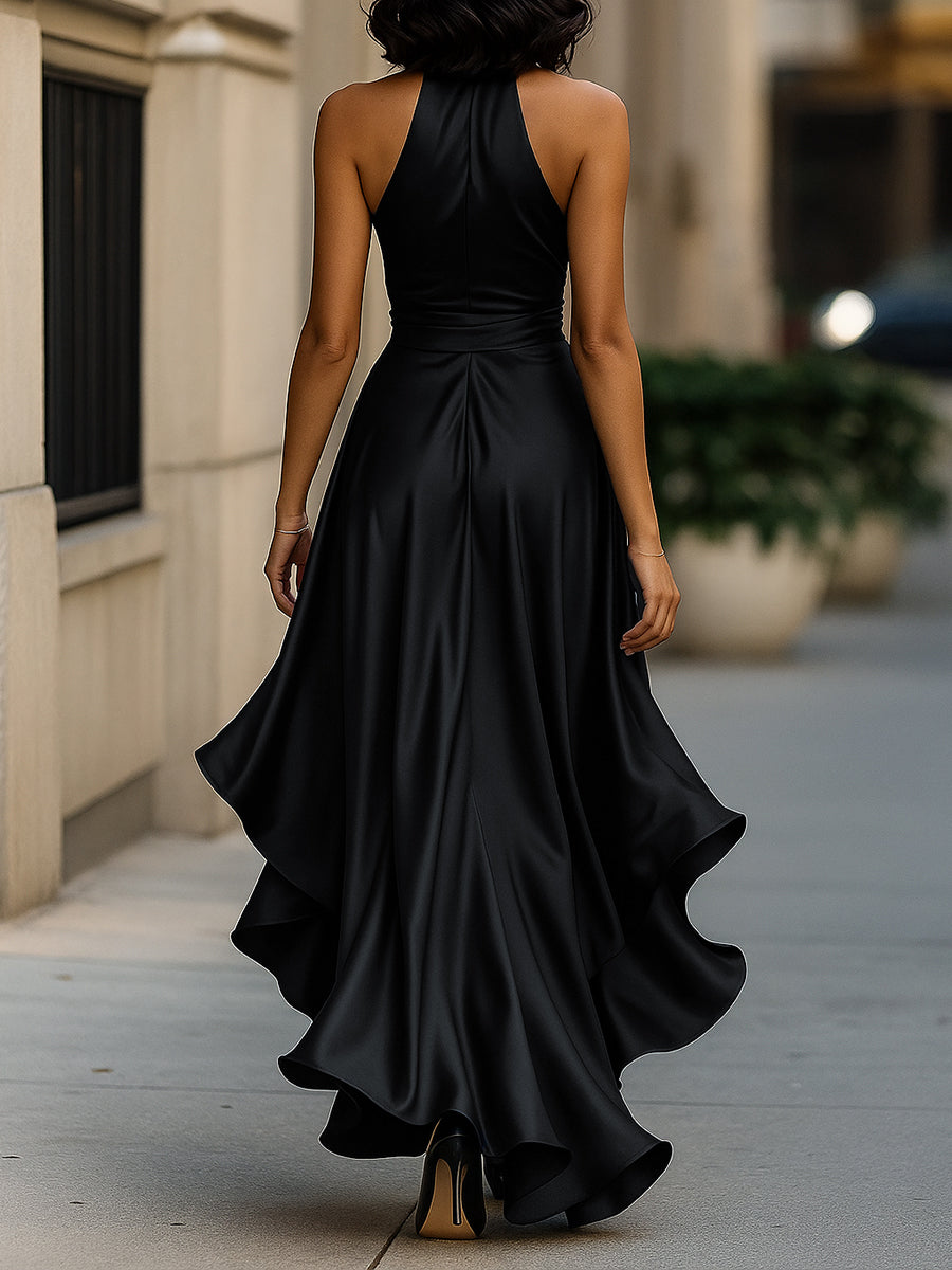 MIDNIGHT SATIN HALTER RUFFLE GOWN