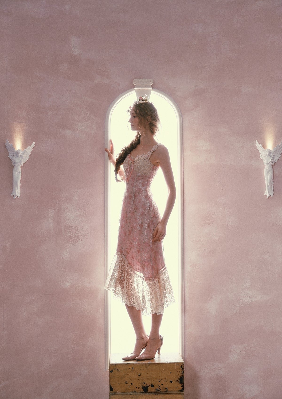 MANDY PINK FLORAL LACE MIDI DRESS FOR WEDDING