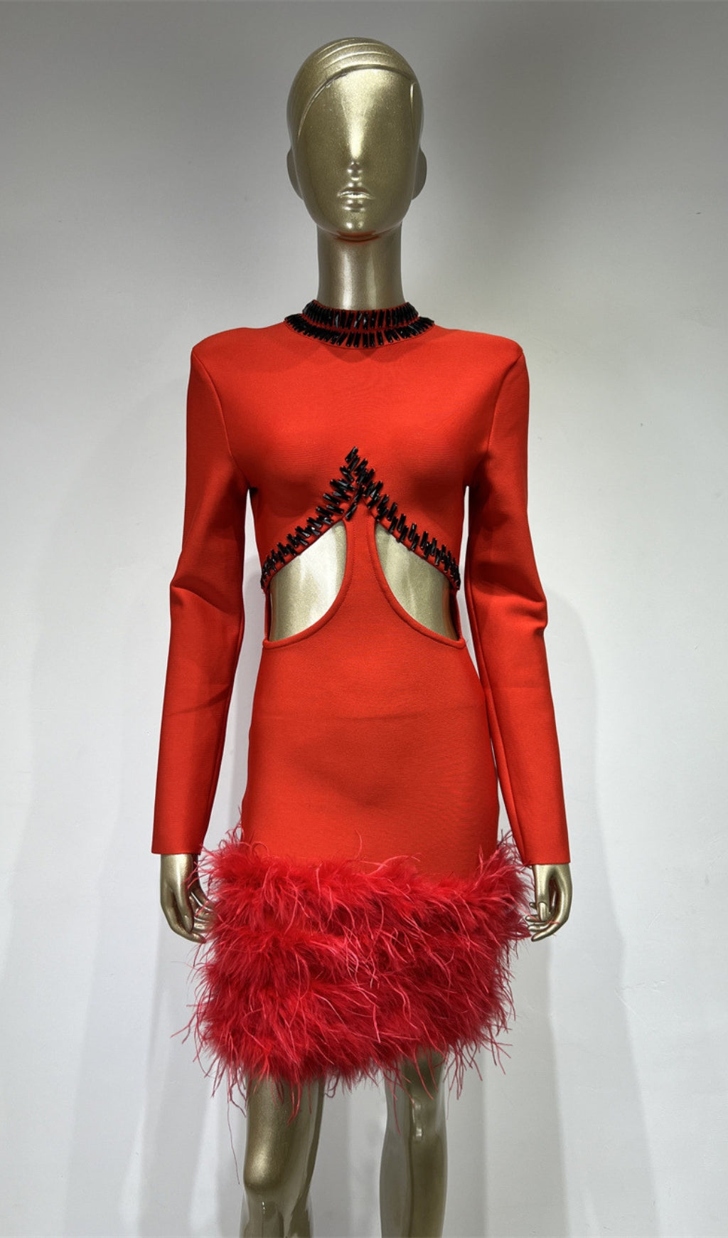 RHINESTONE CUTOUT FEATHER BANDAGE DRESS RED