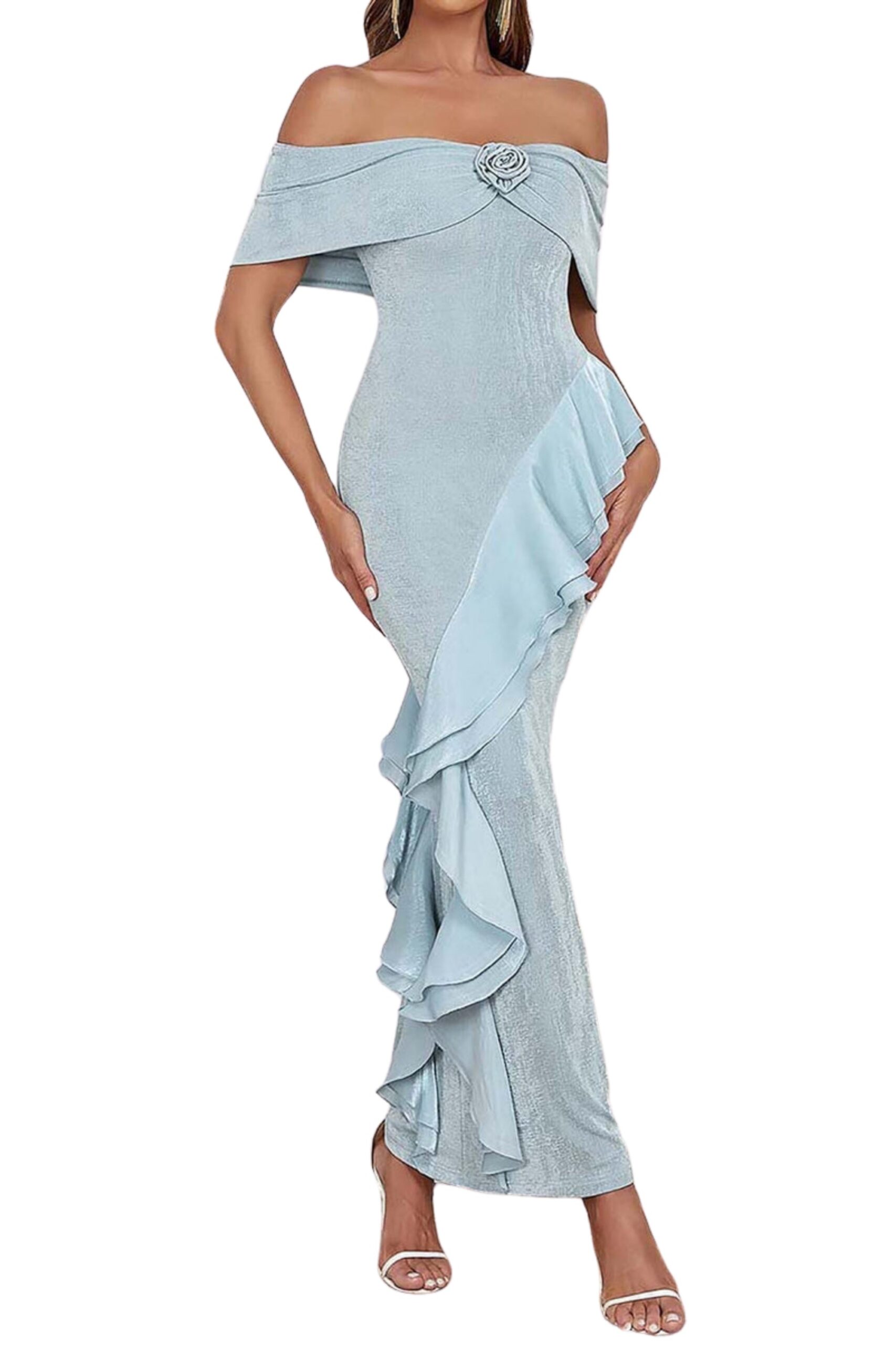 OFF SHOULDER RUFFLED MAXI DRESS IN TINGED BLUE