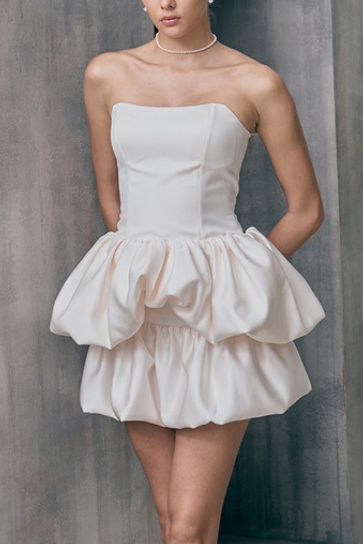 STRAPLESS BUBBLE MINI DRESS WHITE WEDDING PARTY