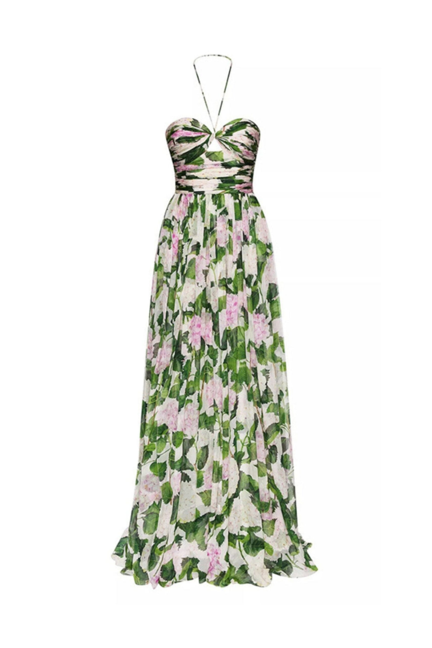 FLORAL HALTER MAXI DRESS GREEN WEDDING GUEST