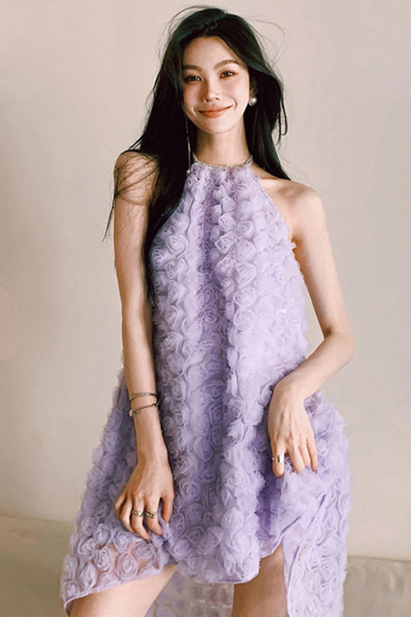 3D PURPLE ROSE HALTER BACKLESS MIDI DRESS