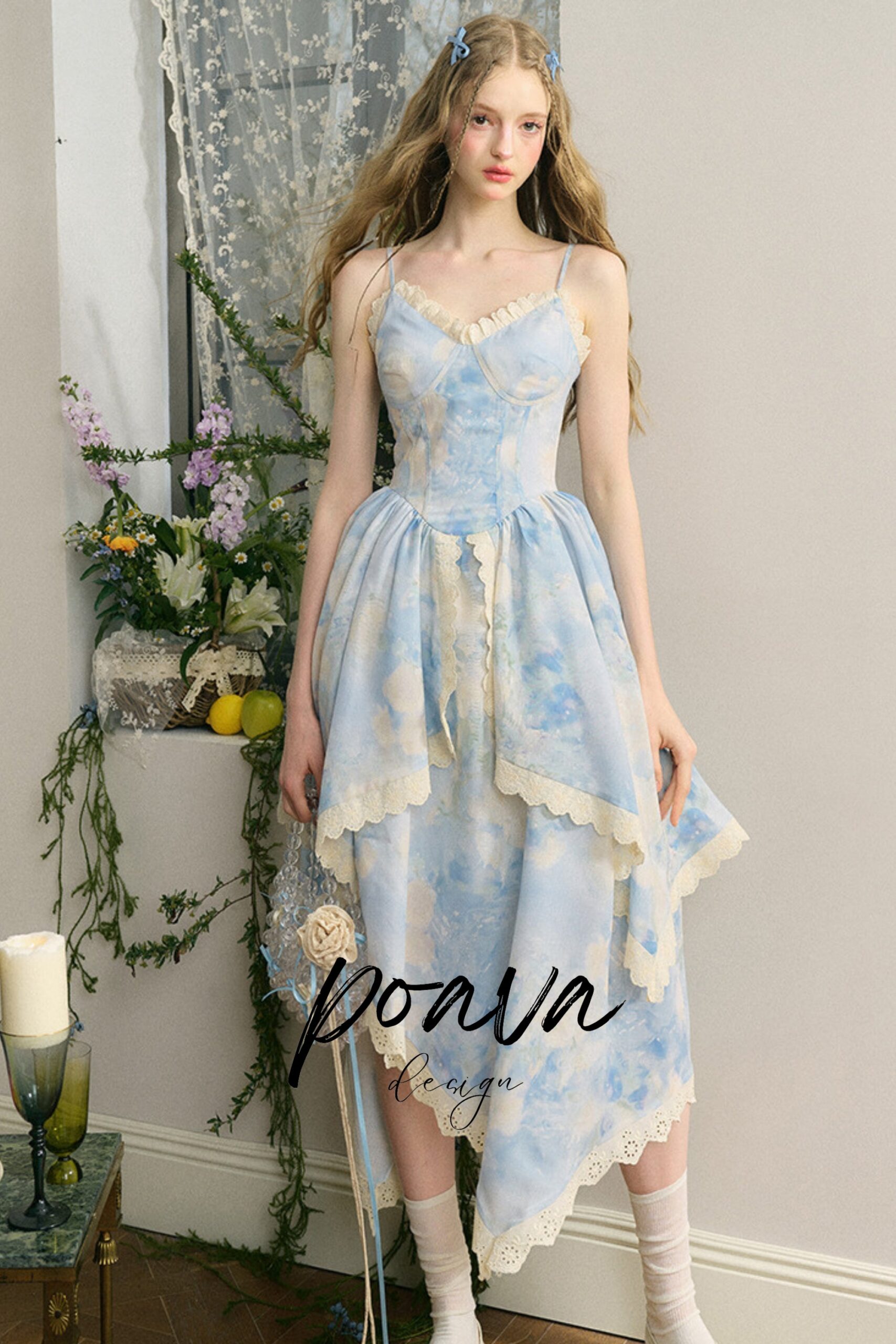 BLUE LACE FLORAL MIDI DRESS FOR WEDDING GUEST