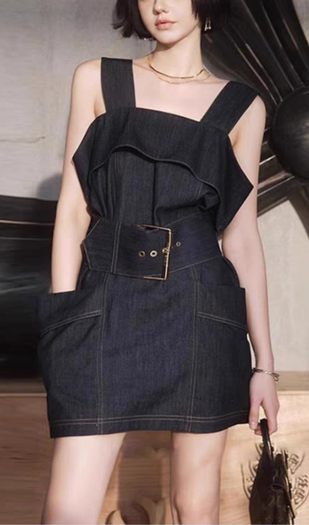 RUFFLED DENIM SUSPENDER DRESS, BLUE, CASUAL