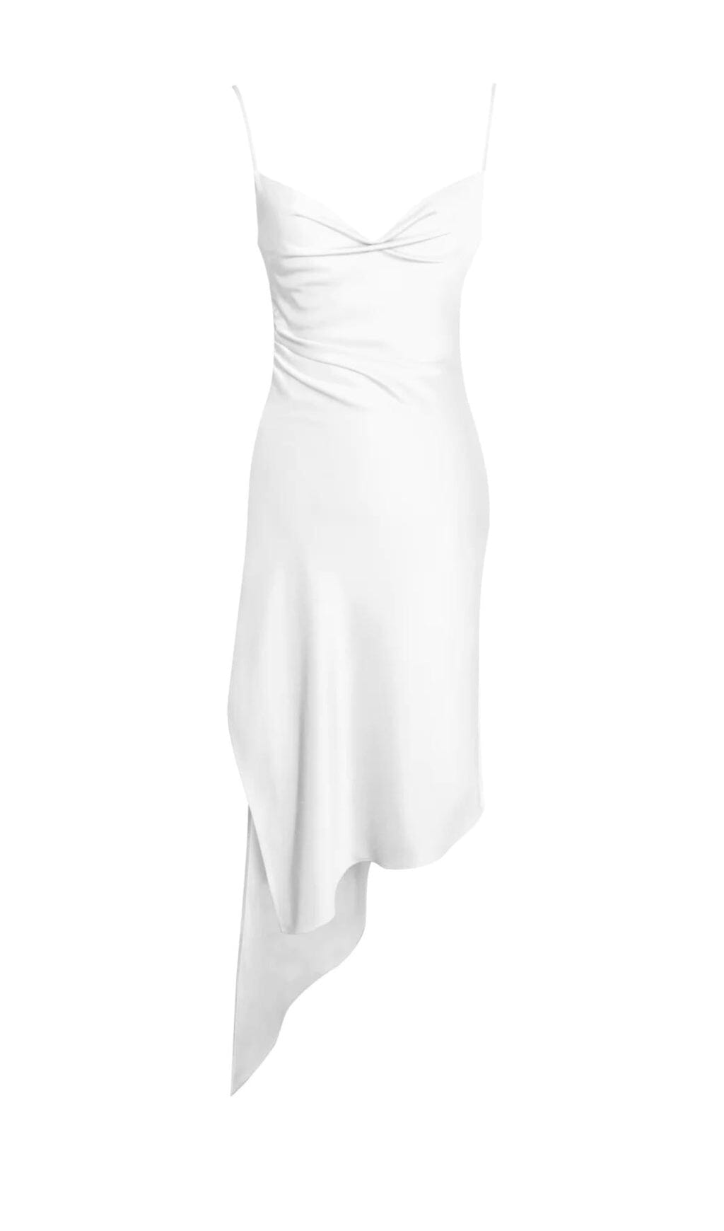 WHITE SATIN DRAPE MIDI DRESS