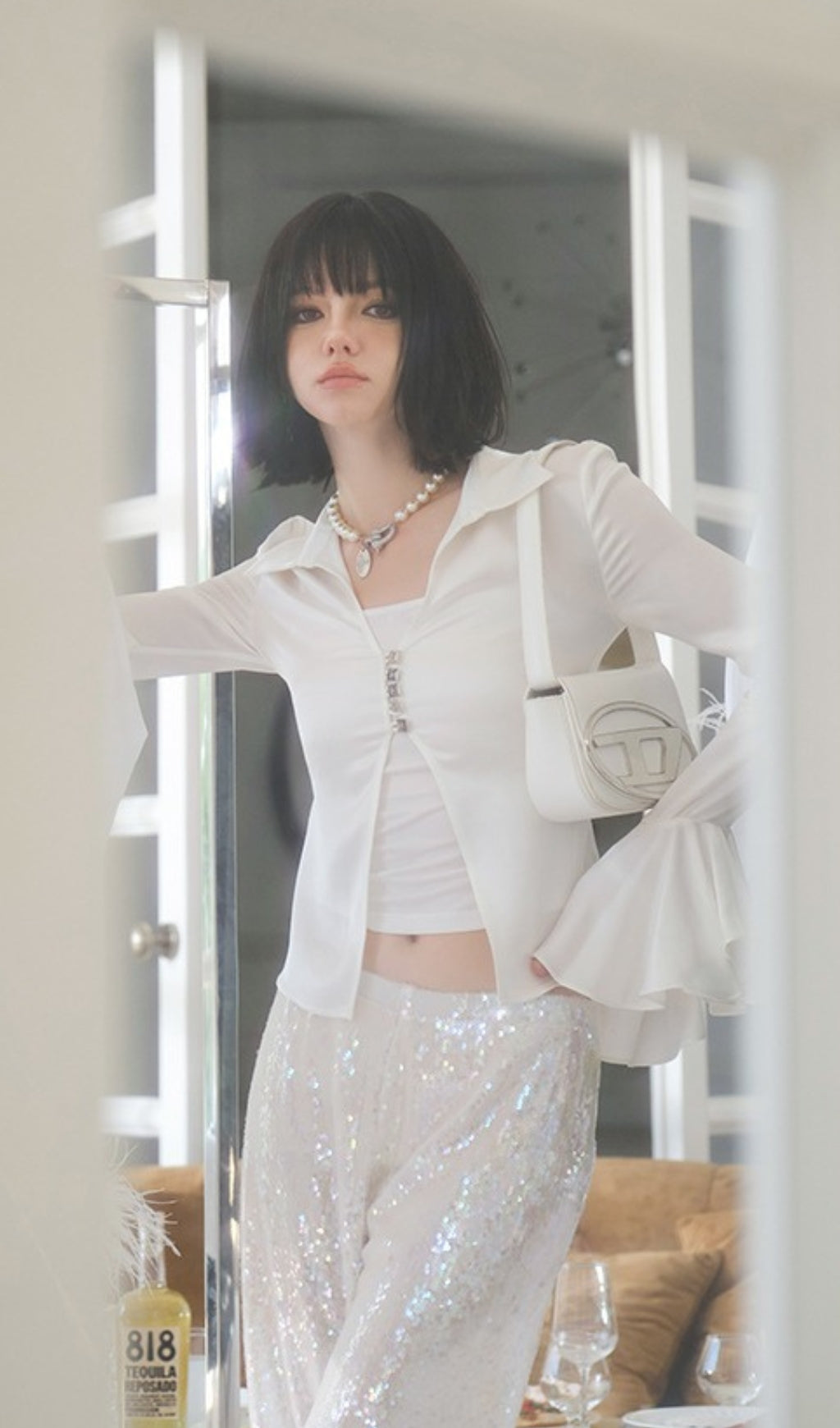 WHITE SATIN RUFFLE BLOUSE FOR WEDDING GUEST