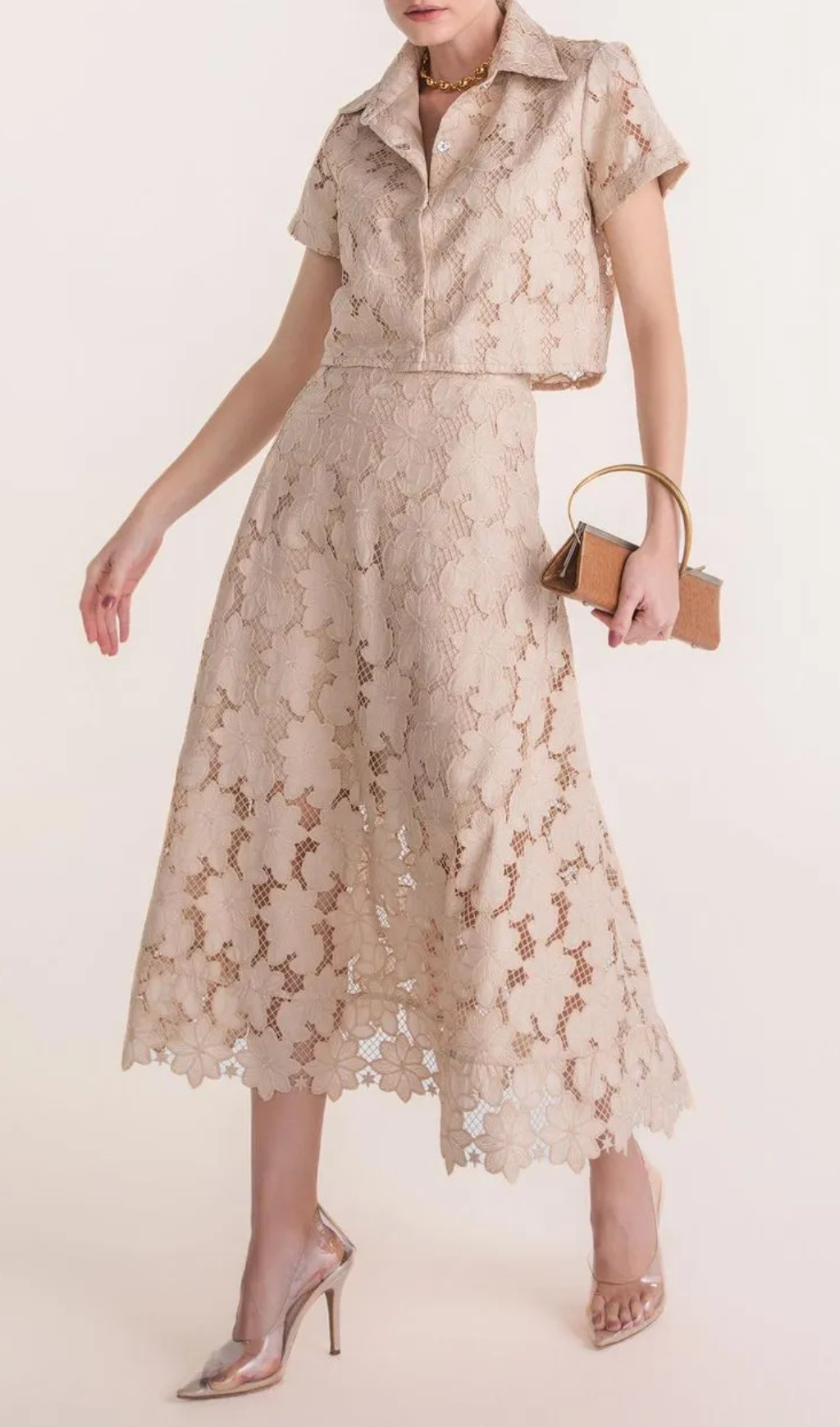 GUIPURE MESH MIDI SKIRT SET IN APRICOT