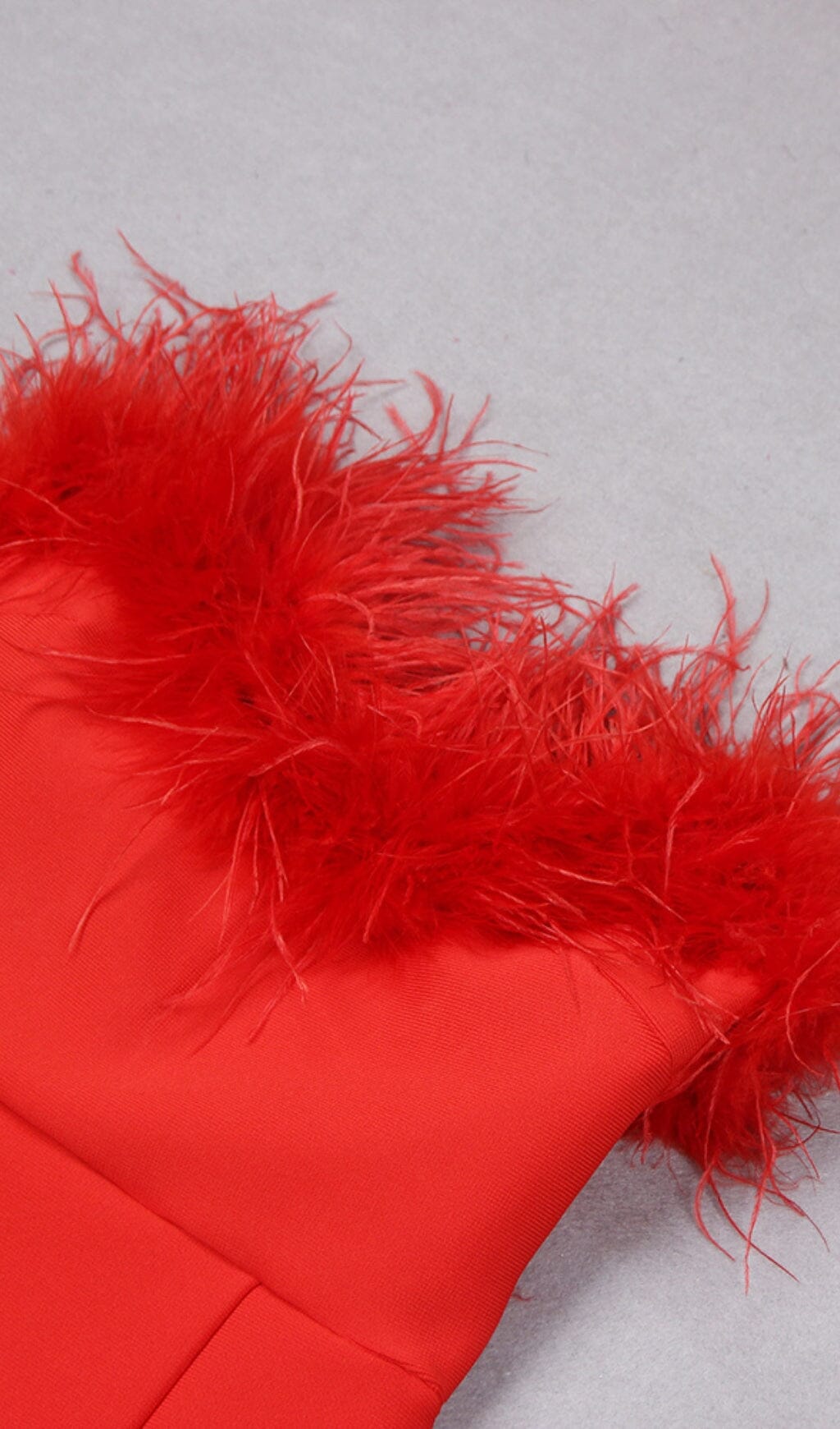 RED STRAPLESS FEATHER GOWN FOR FORMAL OCCASIONS