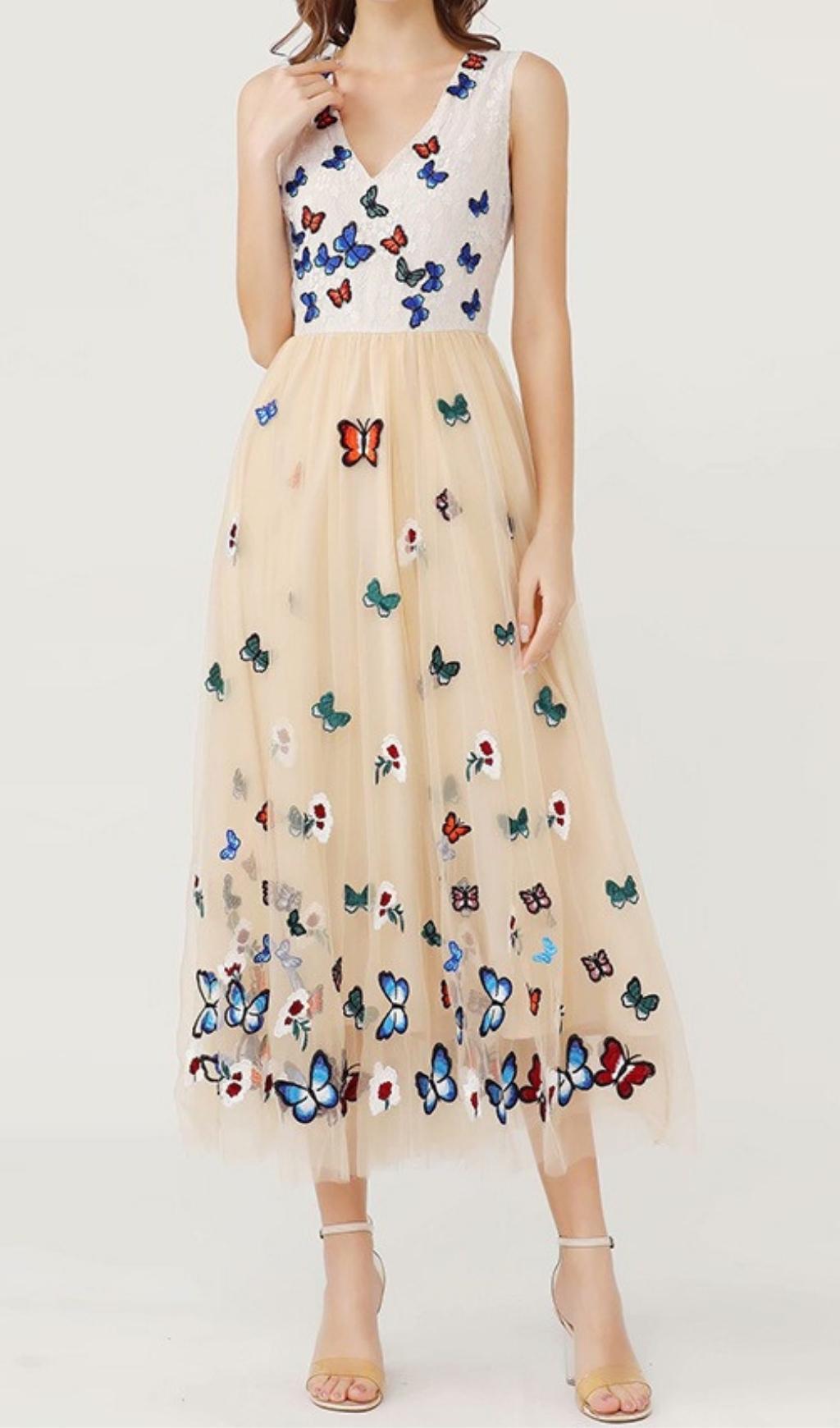 BUTTERFLY LACE MIDI DRESS, BEIGE, ELEGANT OCCASION