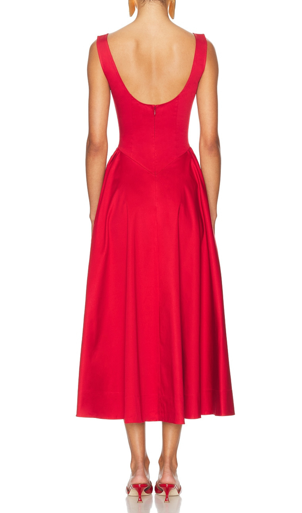 STRETCH COTTON SATEEN MIDI DRESS RED