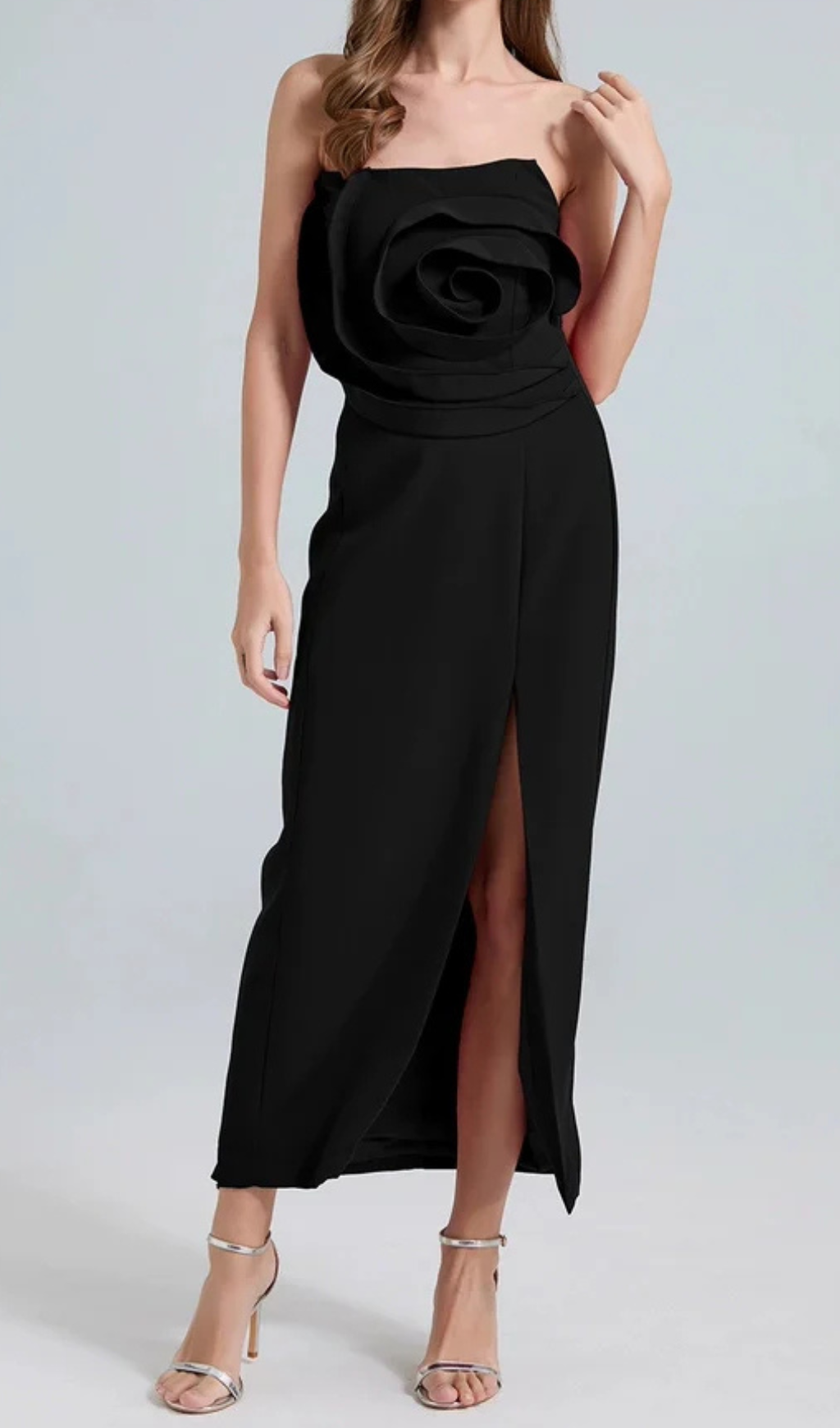 MICHELLE 3D FLOWER STRAPLESS MIDI DRESS BLACK