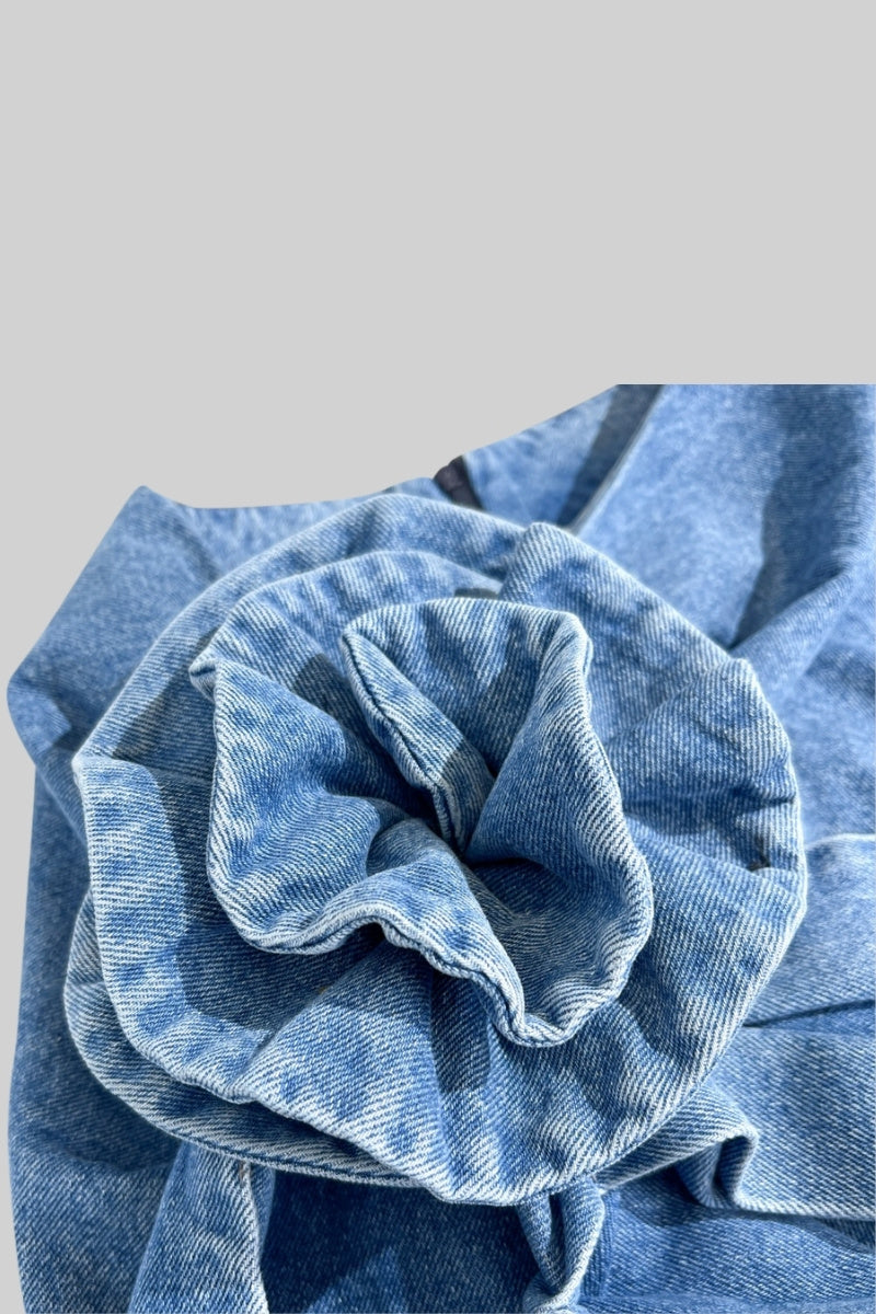 ASYMMETRIC FLORAL DENIM SKIRT BLUE
