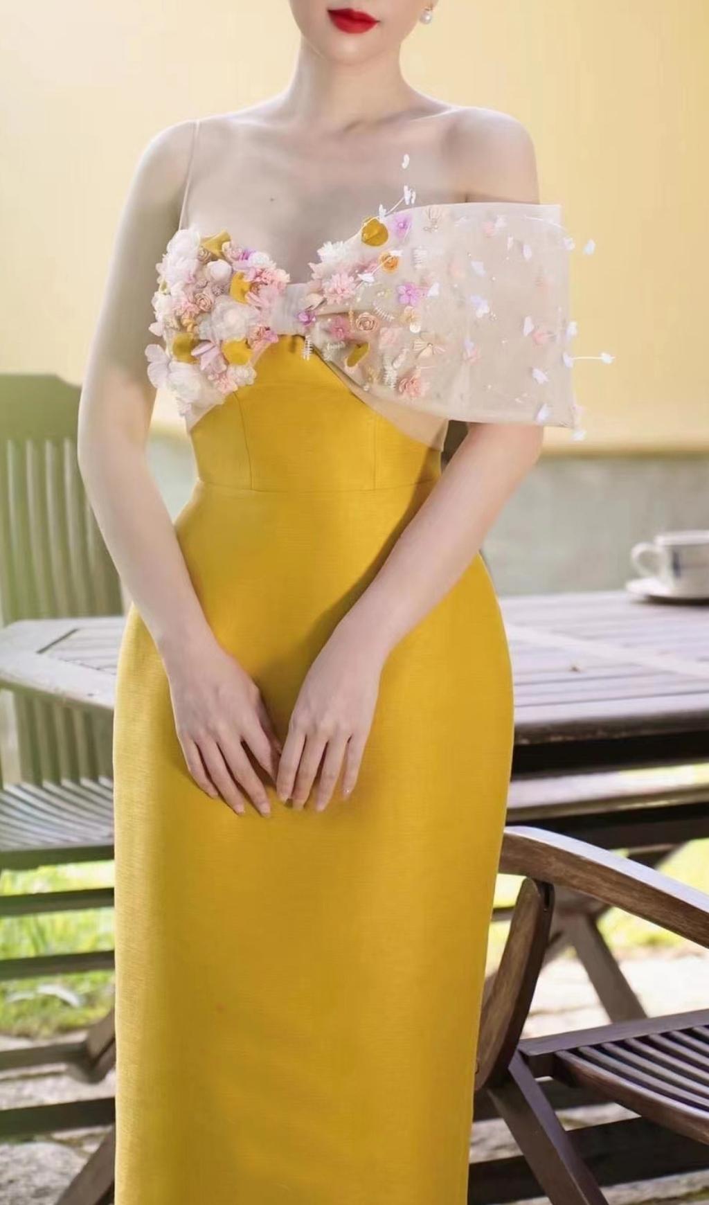 YELLOW FLOWER MIDI DRESS FOR WEDDING GUEST